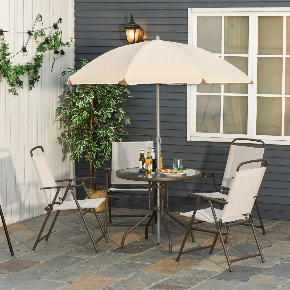 easycomfort easycomfort 6 pz set mobili da giardino in tubi dacciaio tavolo da giardino con sedie e ombrellone crema