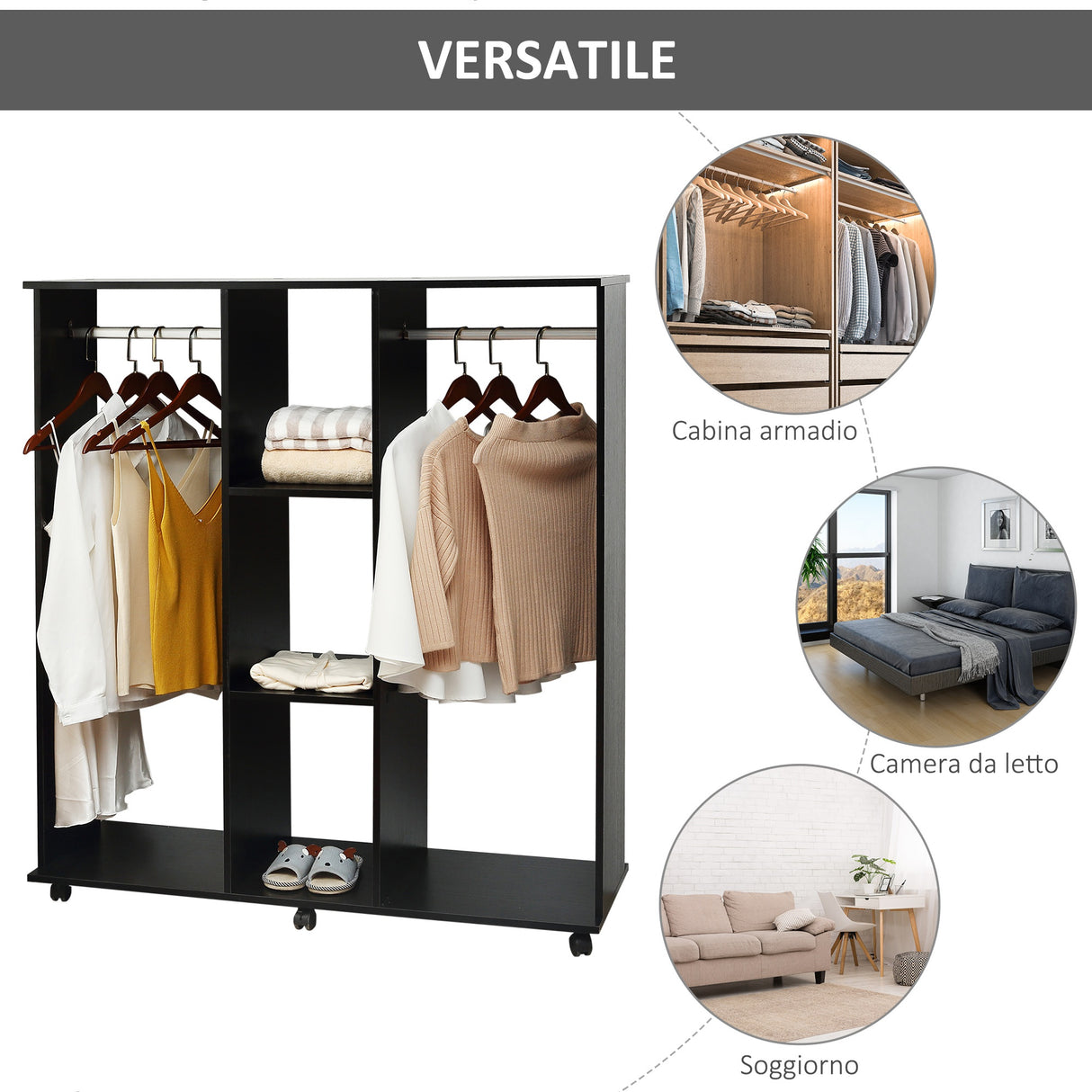 easycomfort easycomfort armadio guardaroba a 5 ripiani con ruote e barre appendiabiti in legno e alluminio nero 120x40x128cm ean 8054111843379