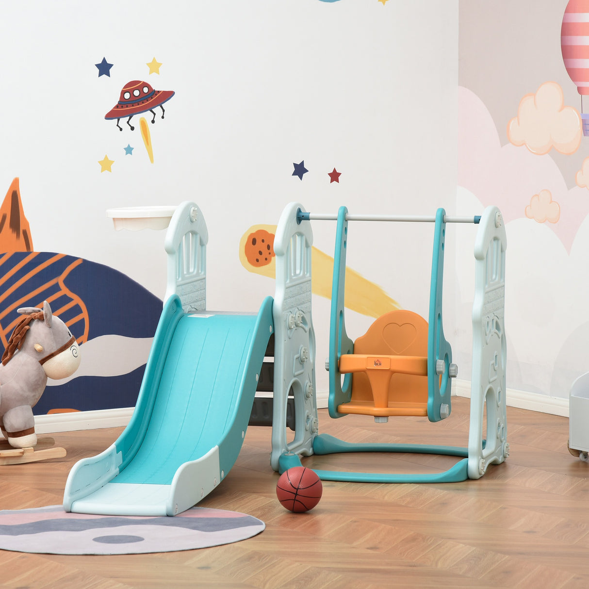 easycomfort easycomfort scivolo per bambini con altalena regolabile canestro e palle per cameretta e giardino 149x186x98cm blu e arancione