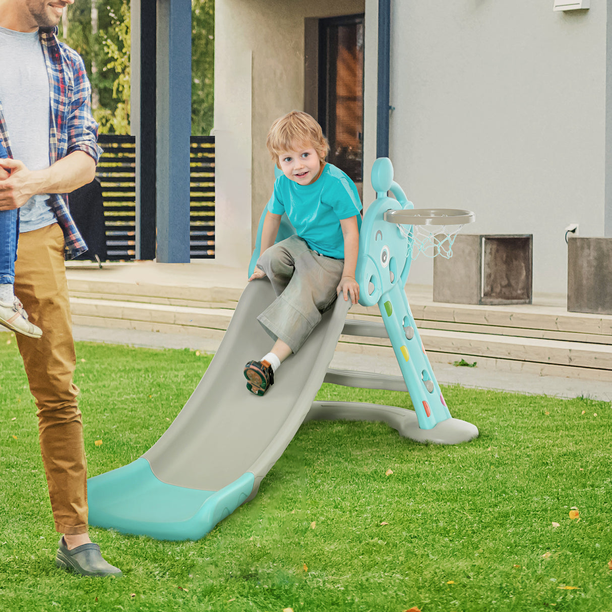 easycomfort easycomfort scivolo per bambini con canestro basket per interno ed esterno in pp e hdpe eta 2 4 anni 147x82x85 5cm grigio e blu