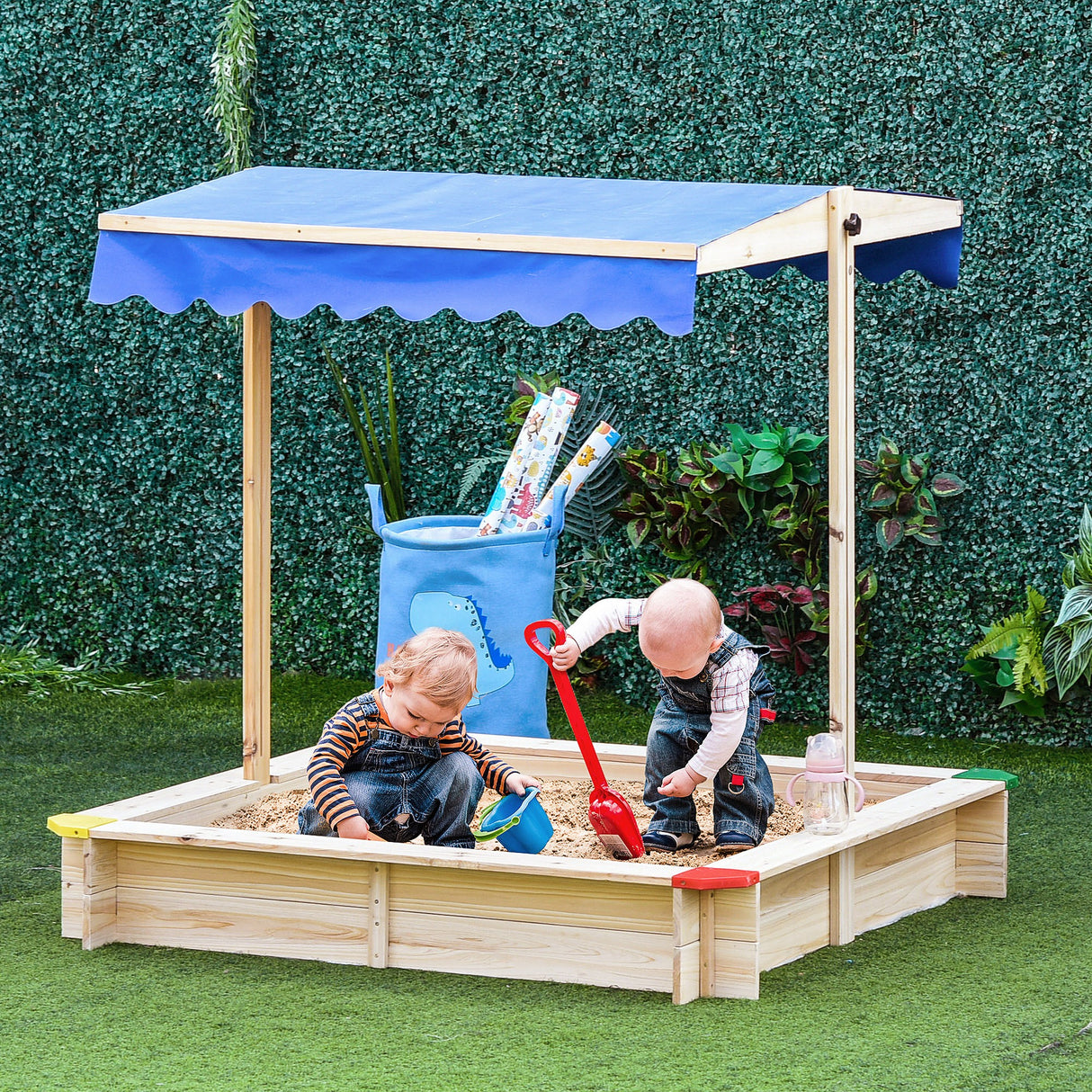 easycomfort easycomfort sabbiera per bambini in legno con panca e tettuccio parasole regolabile 120x120x120cm