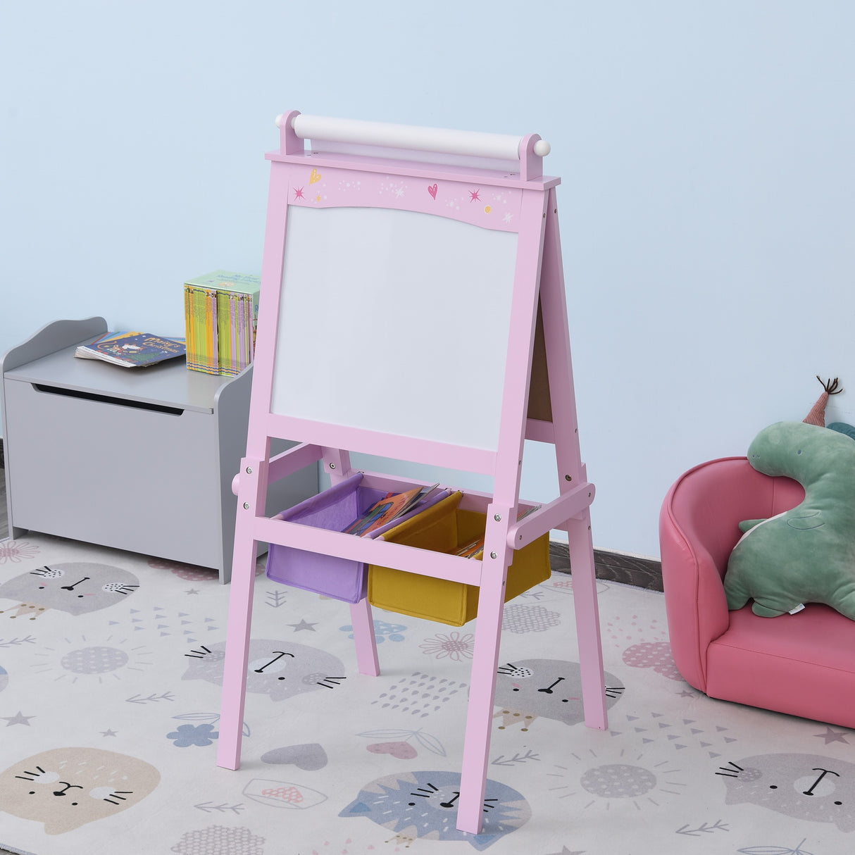 easycomfort easycomfort lavagnetta con cavalletto per bambini 3 in 1 e con rullo fogli di carta in legno rosa