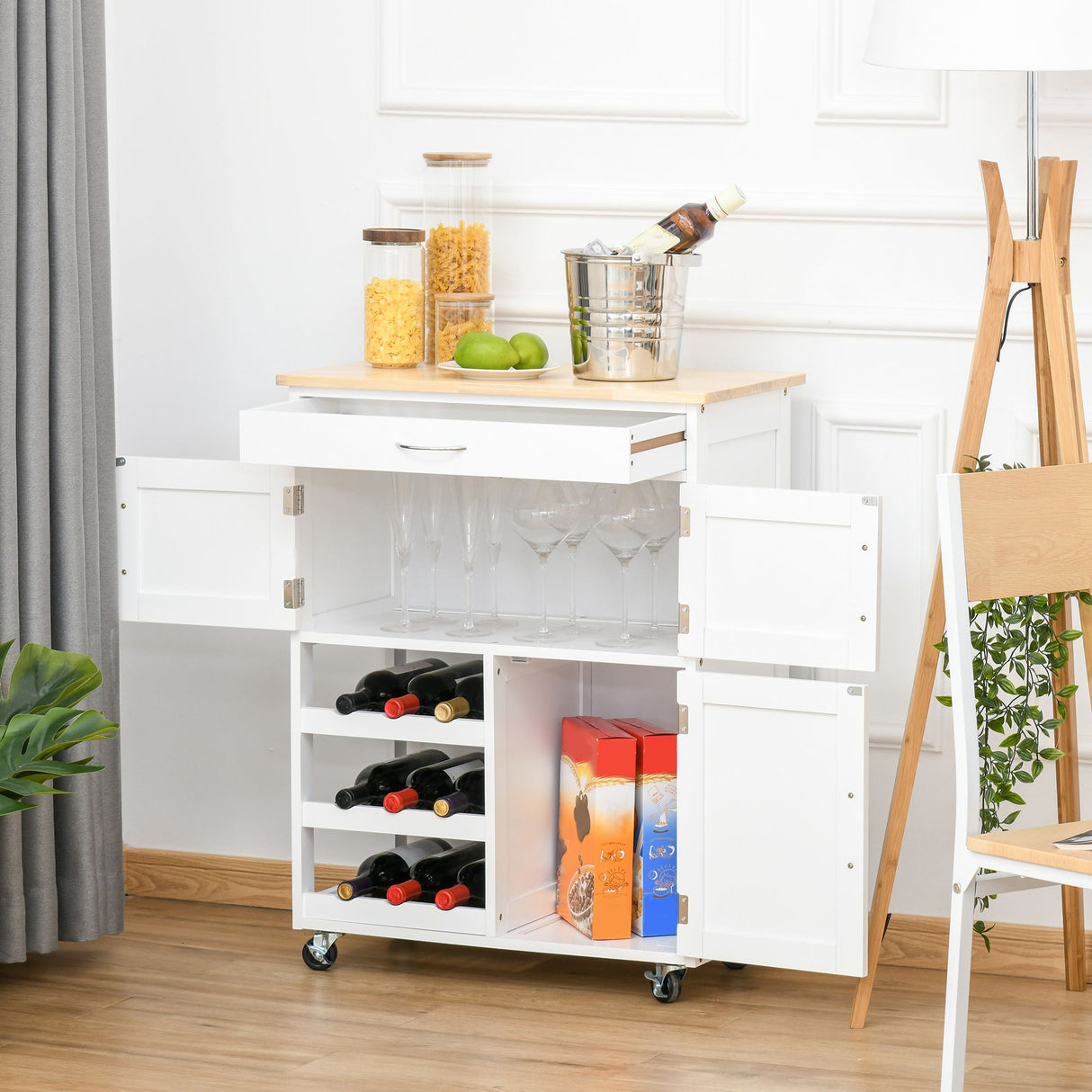 easycomfort easycomfort carrello portavivande carrellino per cucina in legno bianco con portabottiglie 1 cassetto e 3 antine 67x37x87cm