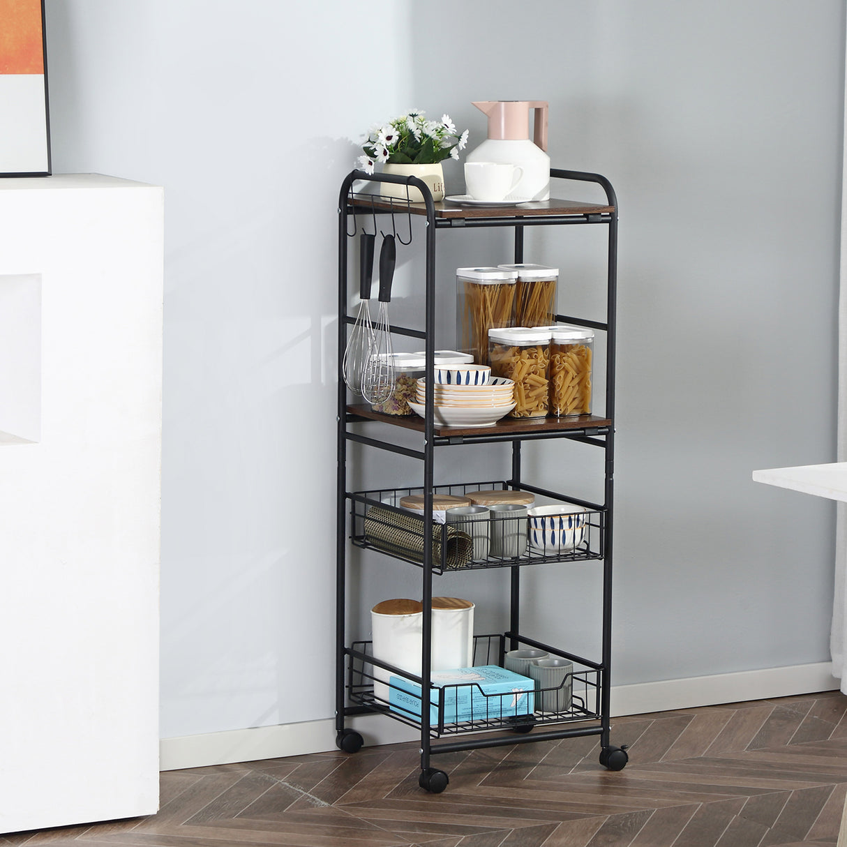 easycomfort easycomfort carrello da cucina con 2 cesti estraibili in metallo 2 ripiani in legno truciolato e ganci laterali 40x38x111cm