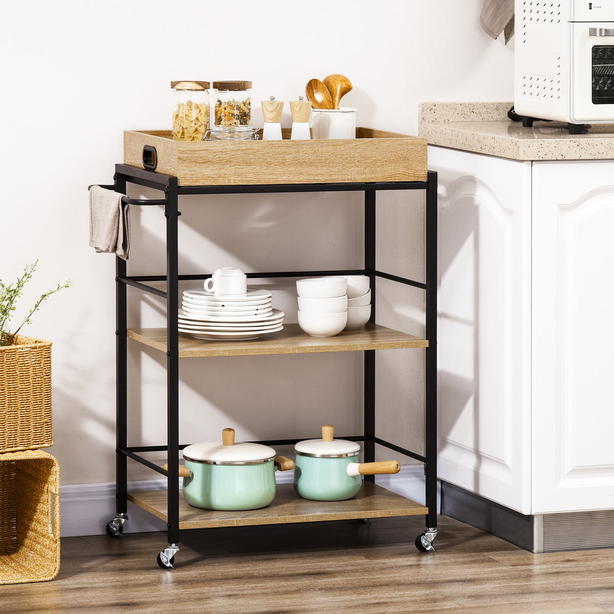 easycomfort easycomfort carrello da cucina a 3 ripiani con vassoio rimovibile e ruote girevoli 72x40x94cm legno e nero