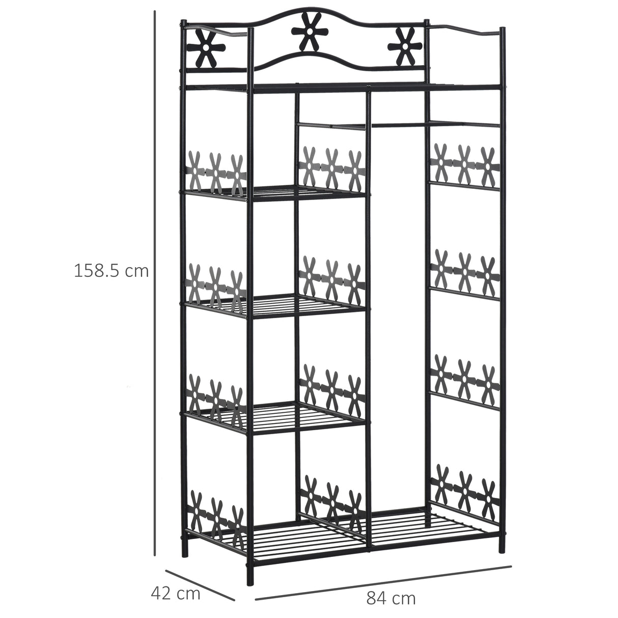 easycomfort easycomfort armadio guardaroba appendiabiti con 5 ripiani e 2 tende 84 x 42 x 158 5cm in metallo nero con decori a fiori ean 8054144139487