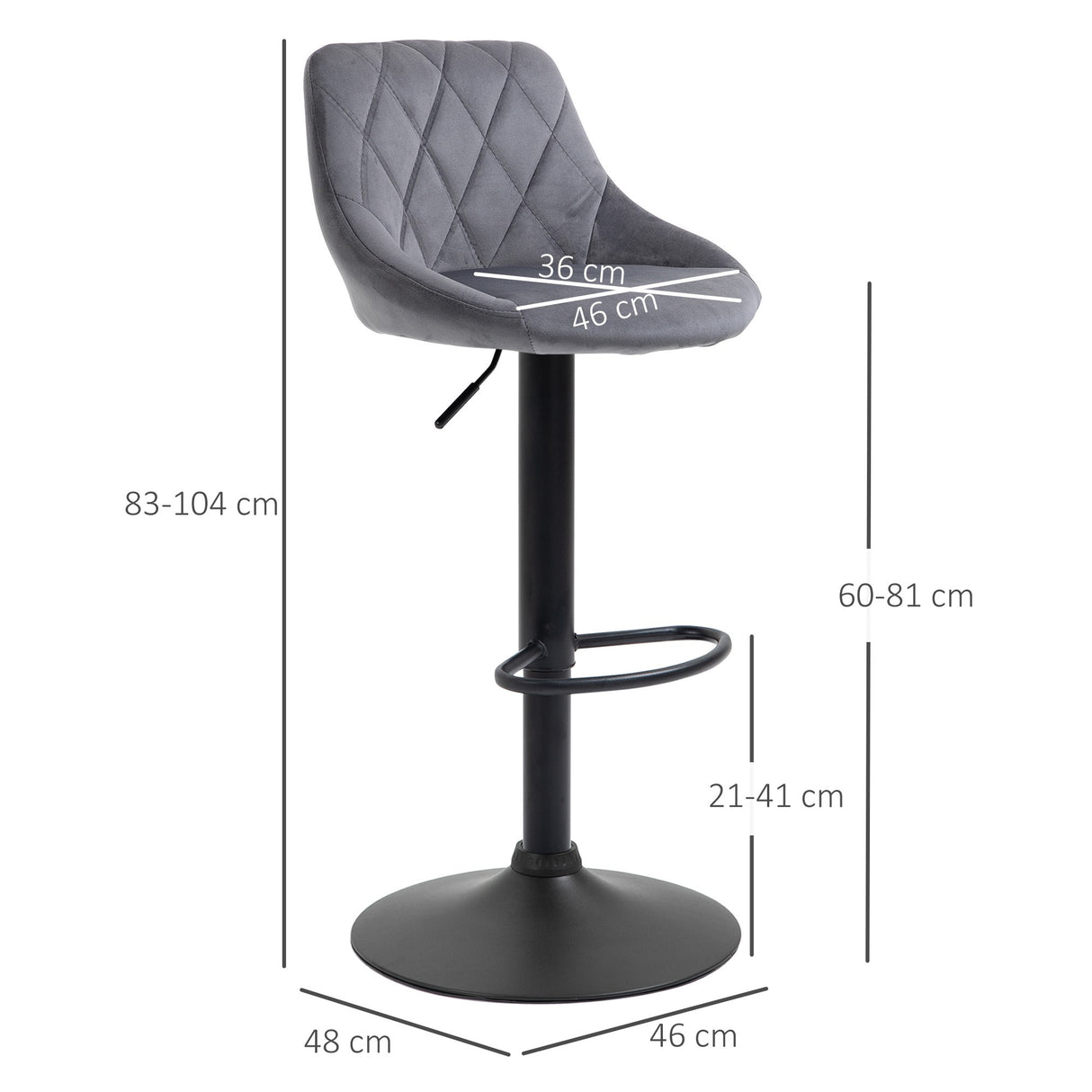 easycomfort easycomfort set 2 sgabelli da bar altezza regolabile con base in metallo e seduta in velluto sgabelli moderni con schienale e poggiapiedi 46x48x83 104cm grigio e nero