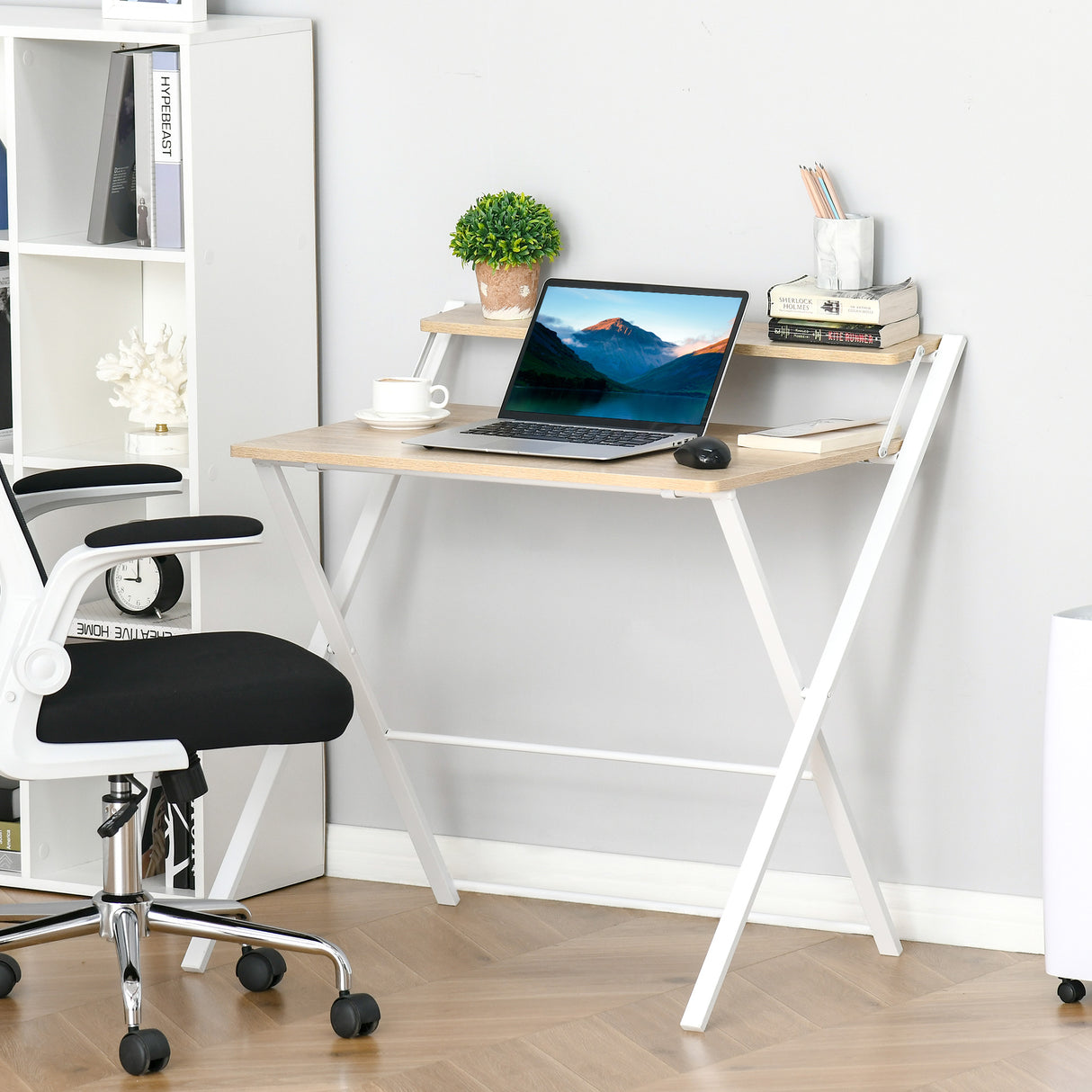 easycomfort easycomfort scrivania pieghevole salvaspazio con mensola superiore per camera e ufficio 81 5x70x84cm color legno e bianco