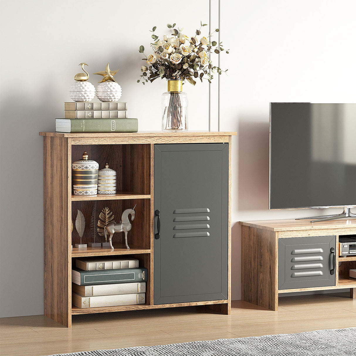easycomfort easycomfort mobiletto multiuso con ripiani e armadietto in legno con anta in metallo mobile per soggiorno e cucina 80x35x82cm marrone grigio