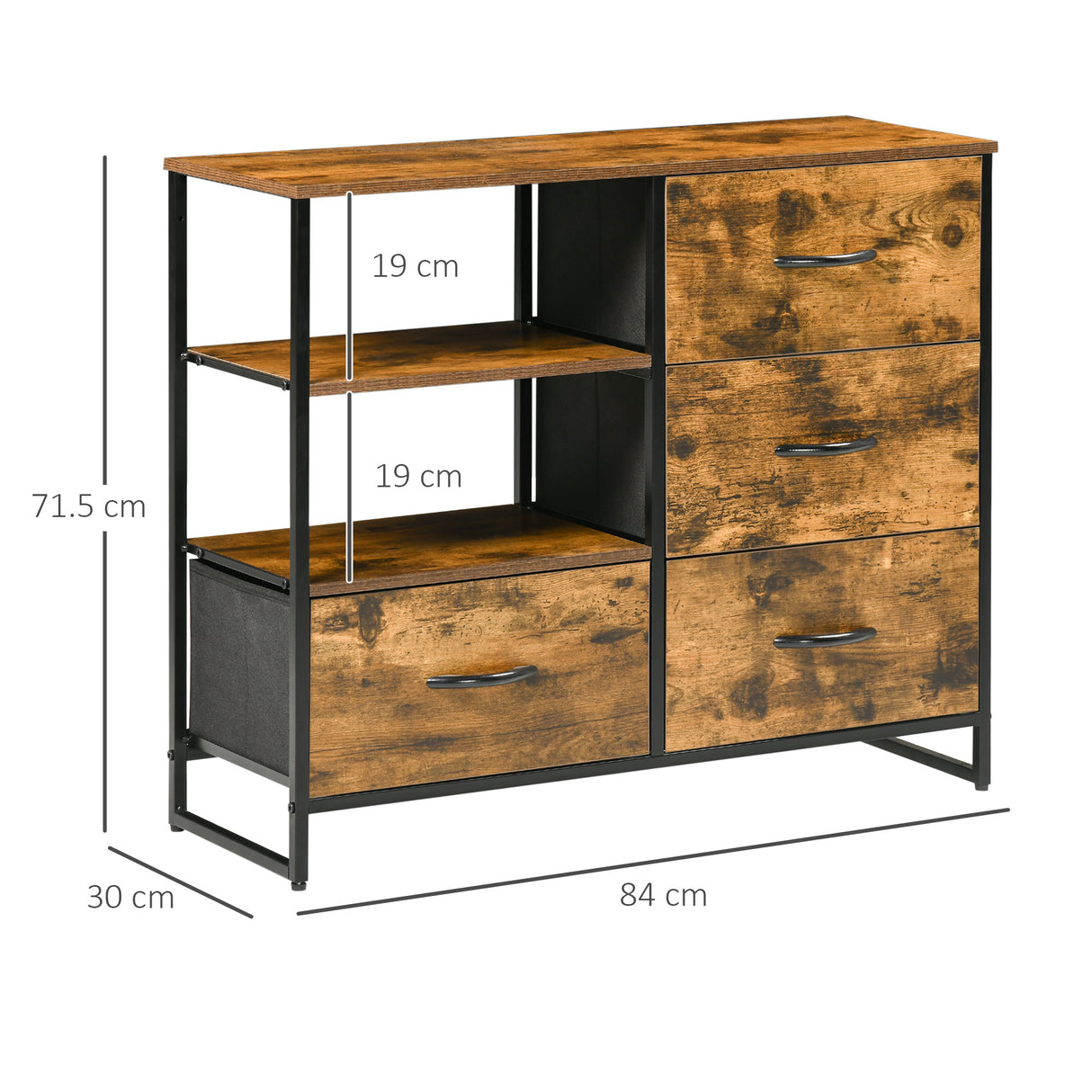 easycomfort easycomfort cassettiera in stile industriale con 4 cassetti in tessuto pieghevole e 2 ripiani aperti 84x30x71 5 cm marrone
