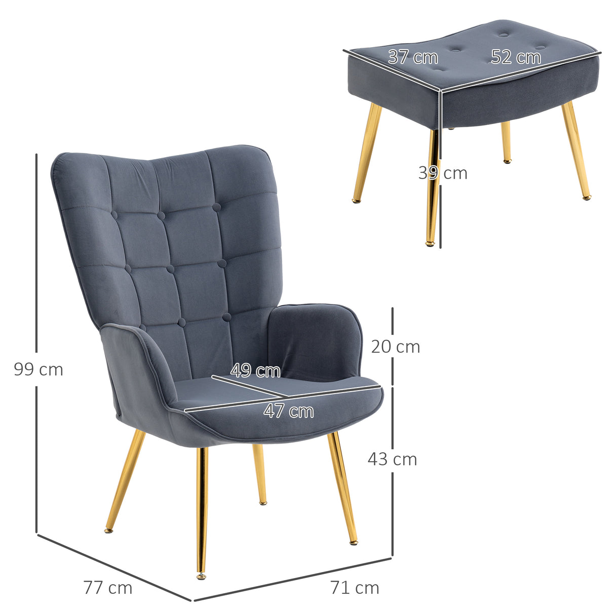 easycomfort easycomfort poltrona moderna con pouf poggiapiedi set vellutato e imbottito con gambe dorate grigio