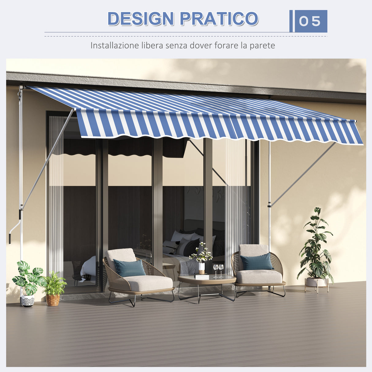 easycomfort easycomfort tenda da sole a bracci 3x1 5m con manovella e struttura telescopica bianco e blu