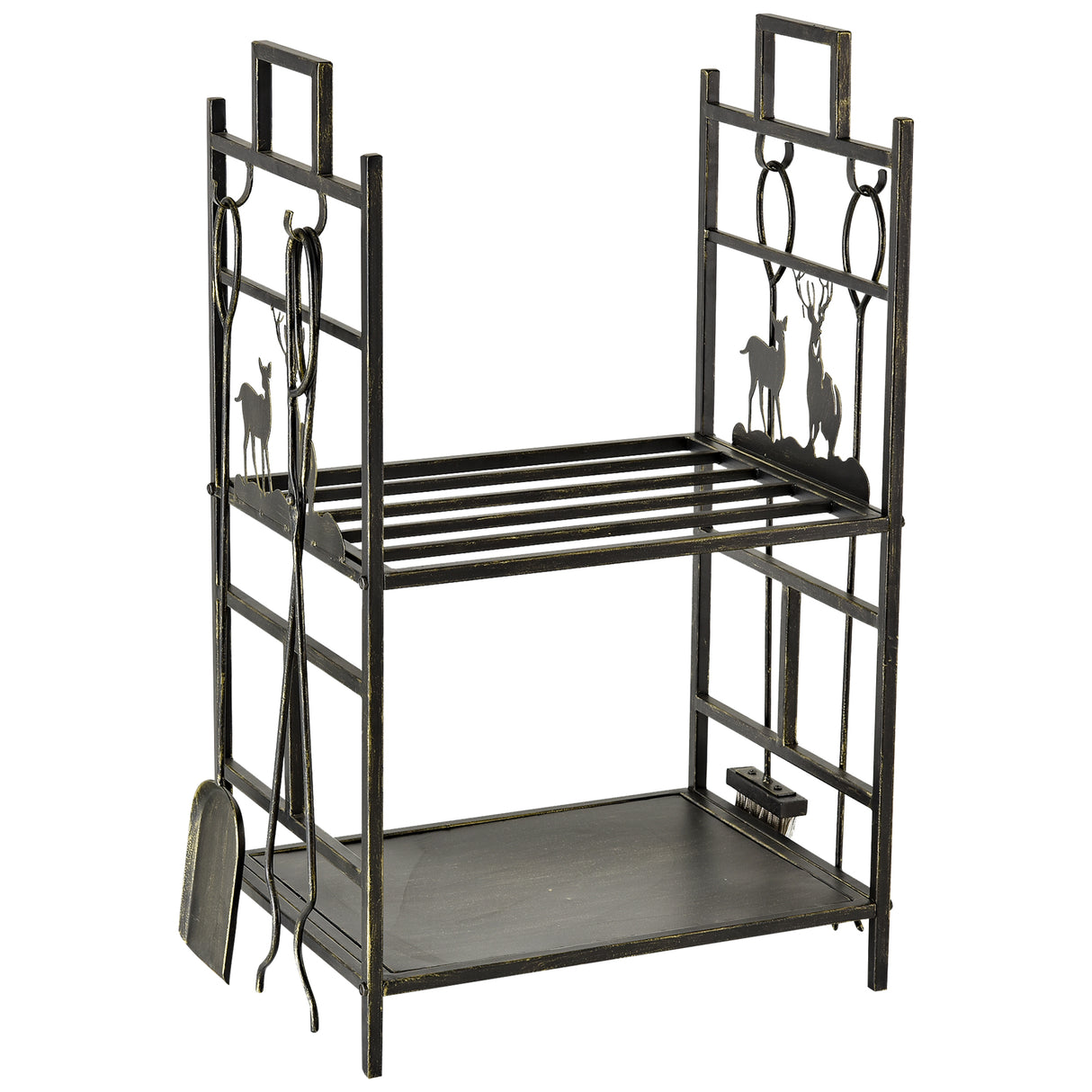 easycomfort portalegna in ferro battuto con attrezzi per camino e manici base porta legna rialzata e decori 51.5x33x77cm nero