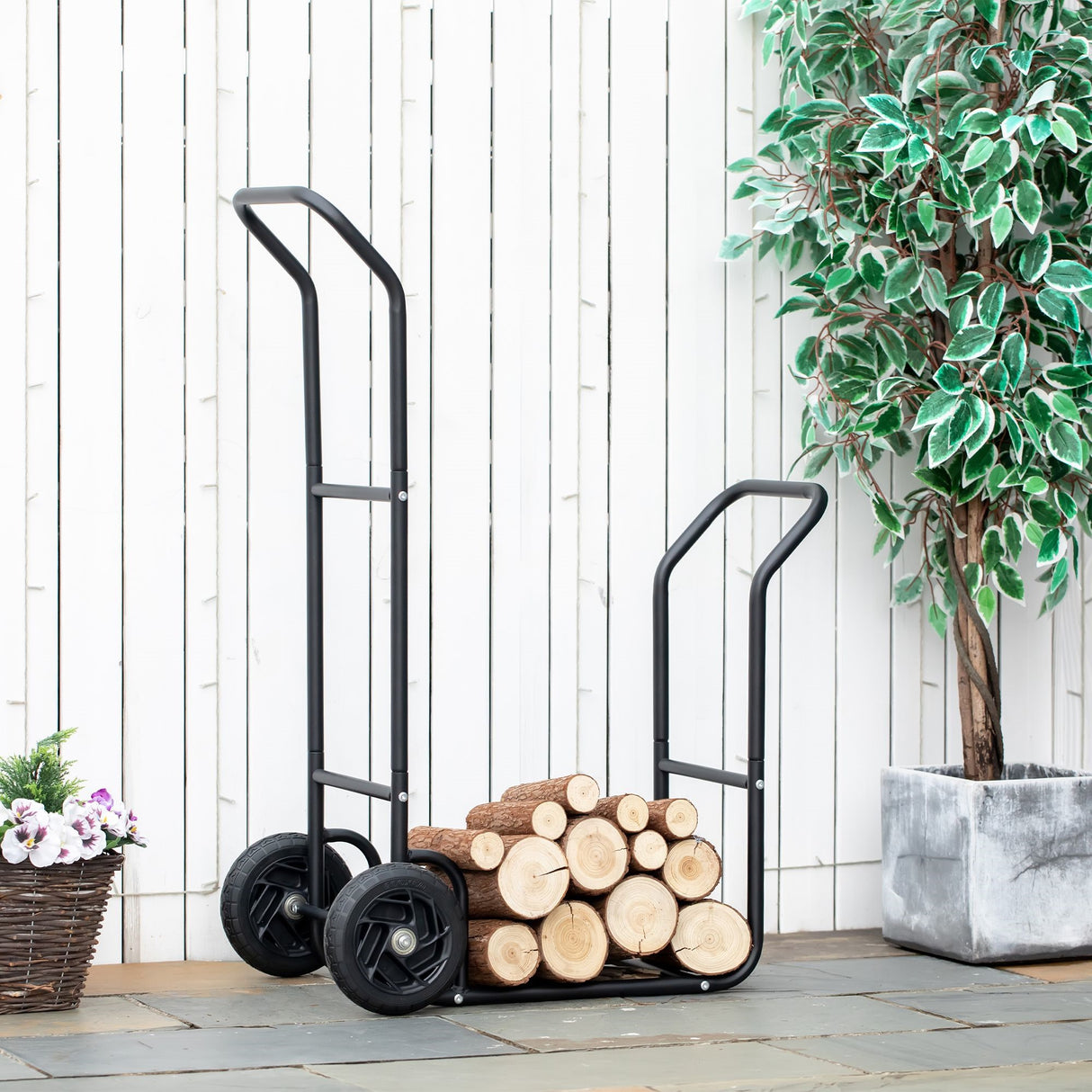easycomfort carrello portalegna in acciaio con 2 ruote per interno ed esterno 77x42x105cm nero