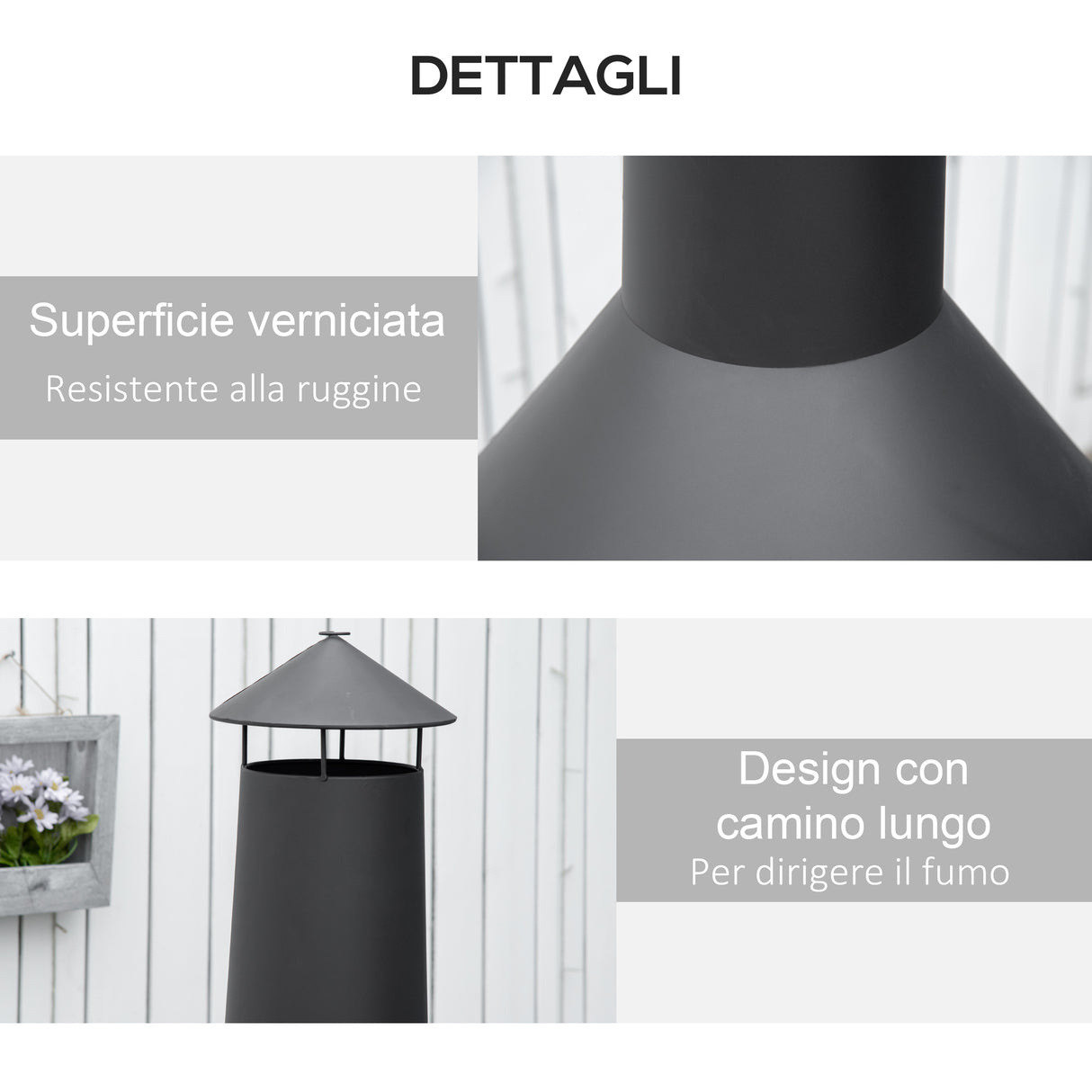 easycomfort braciere da giardino in metallo con camino porta legna e attizzatoio 44.5x133cm nero