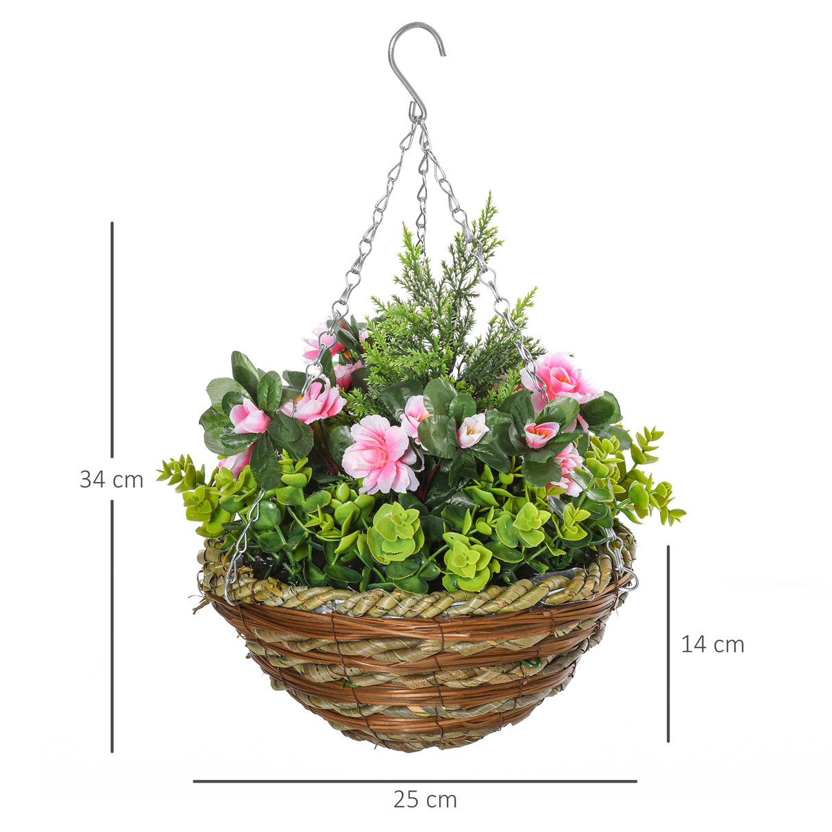 easycomfort set di 2 piante finte lisianthus da appendere per interno ed esterno con vaso in vimini e catenelle 25x34cm rosa e verde