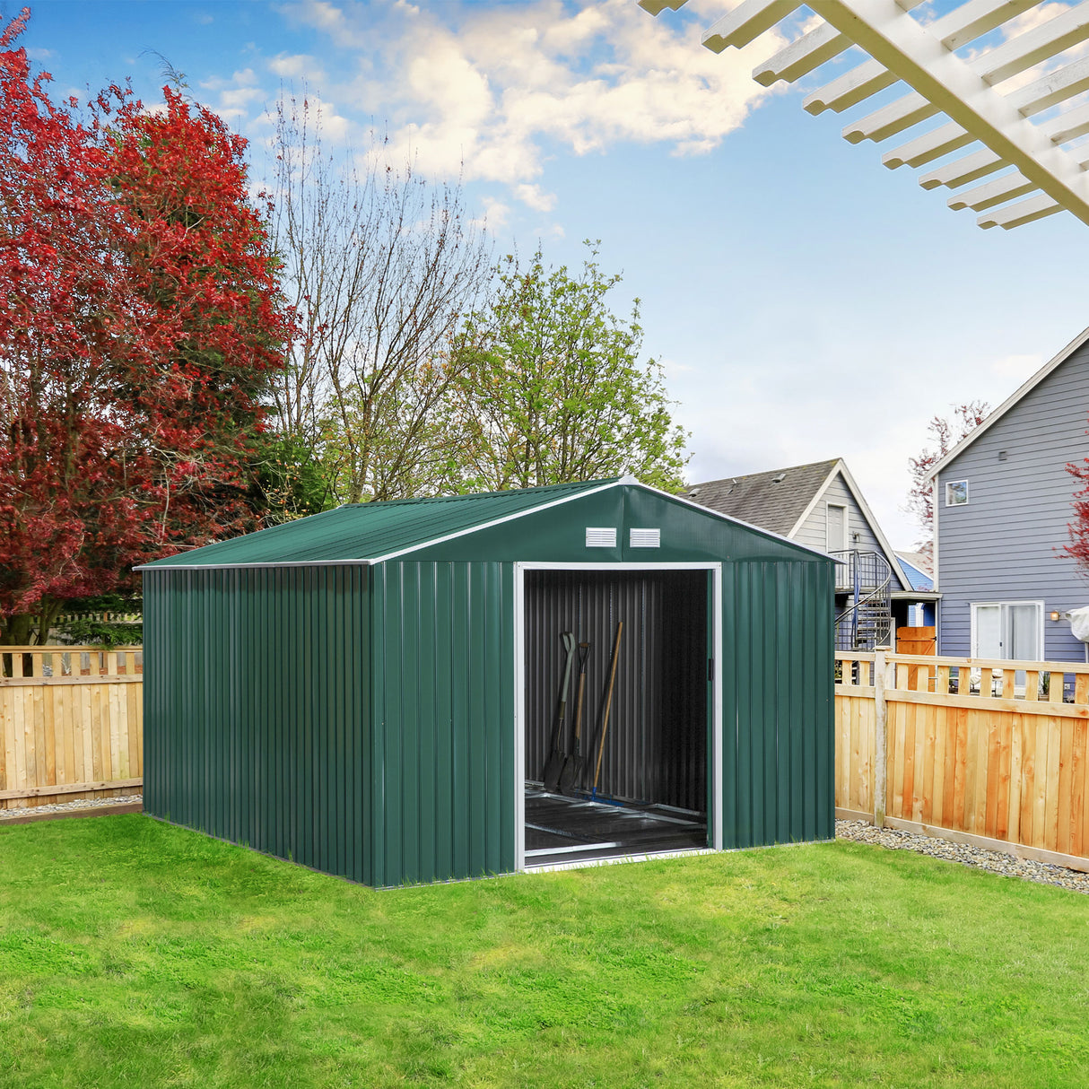 easycomfort casetta da giardino con 2 porte scorrevoli e 4 prese d aria in acciaio e pp 340x386x200cm verde