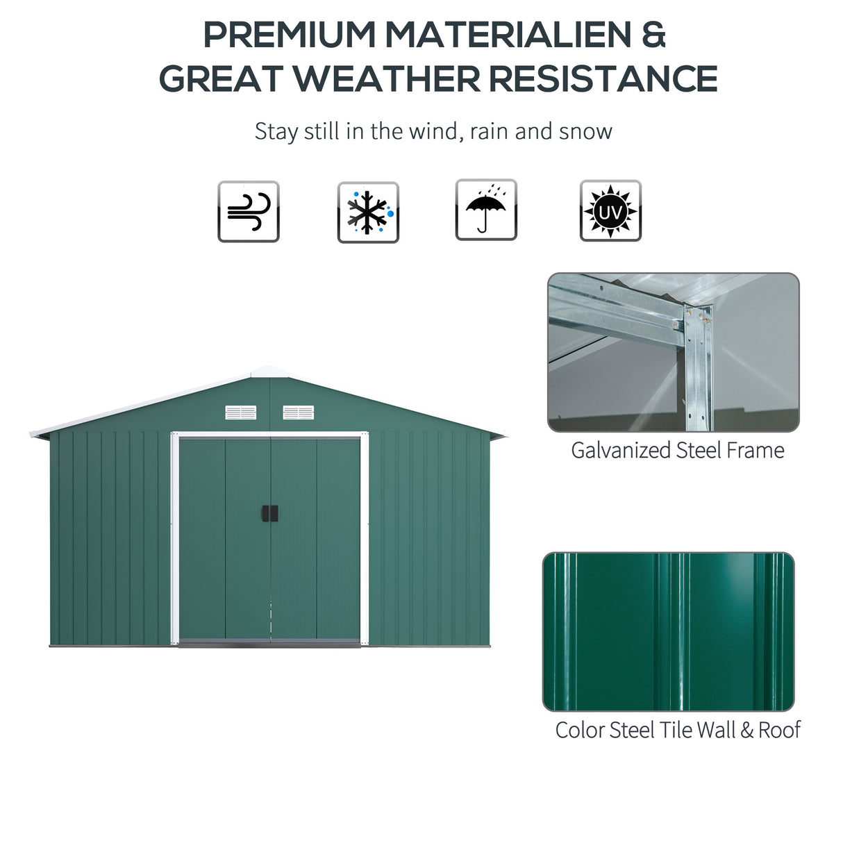 easycomfort casetta da giardino con 2 porte scorrevoli e 4 prese d aria in acciaio e pp 340x386x200cm verde