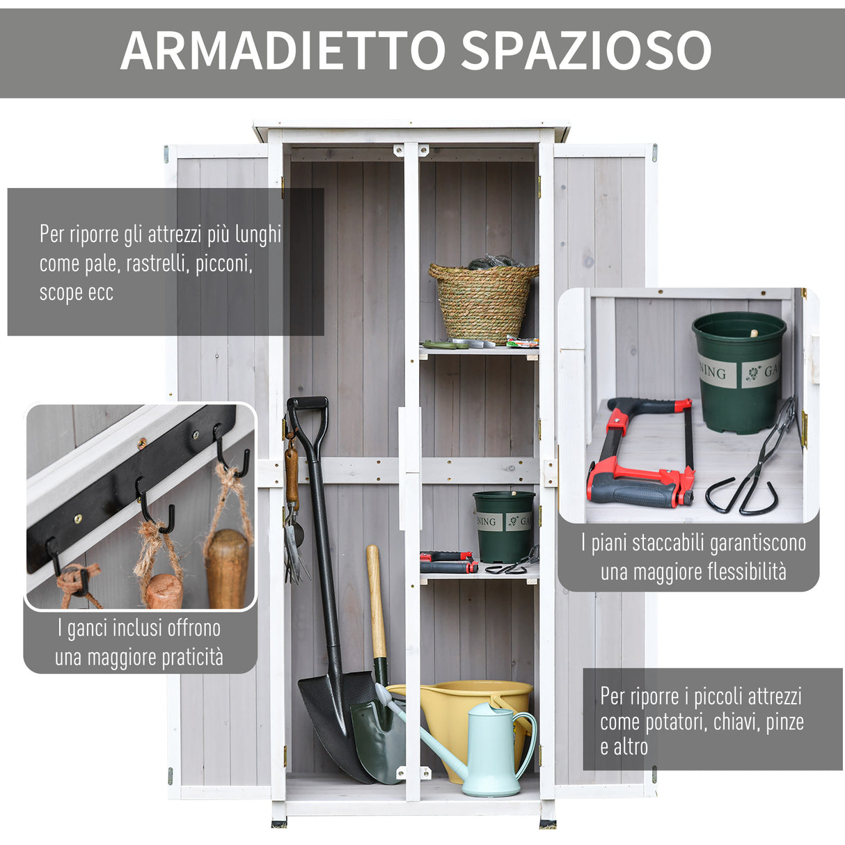 easycomfort easycomfort casetta porta attrezzi in legno di abete a 3 livelli con tetto in bitume 77x58x175 cm grigio