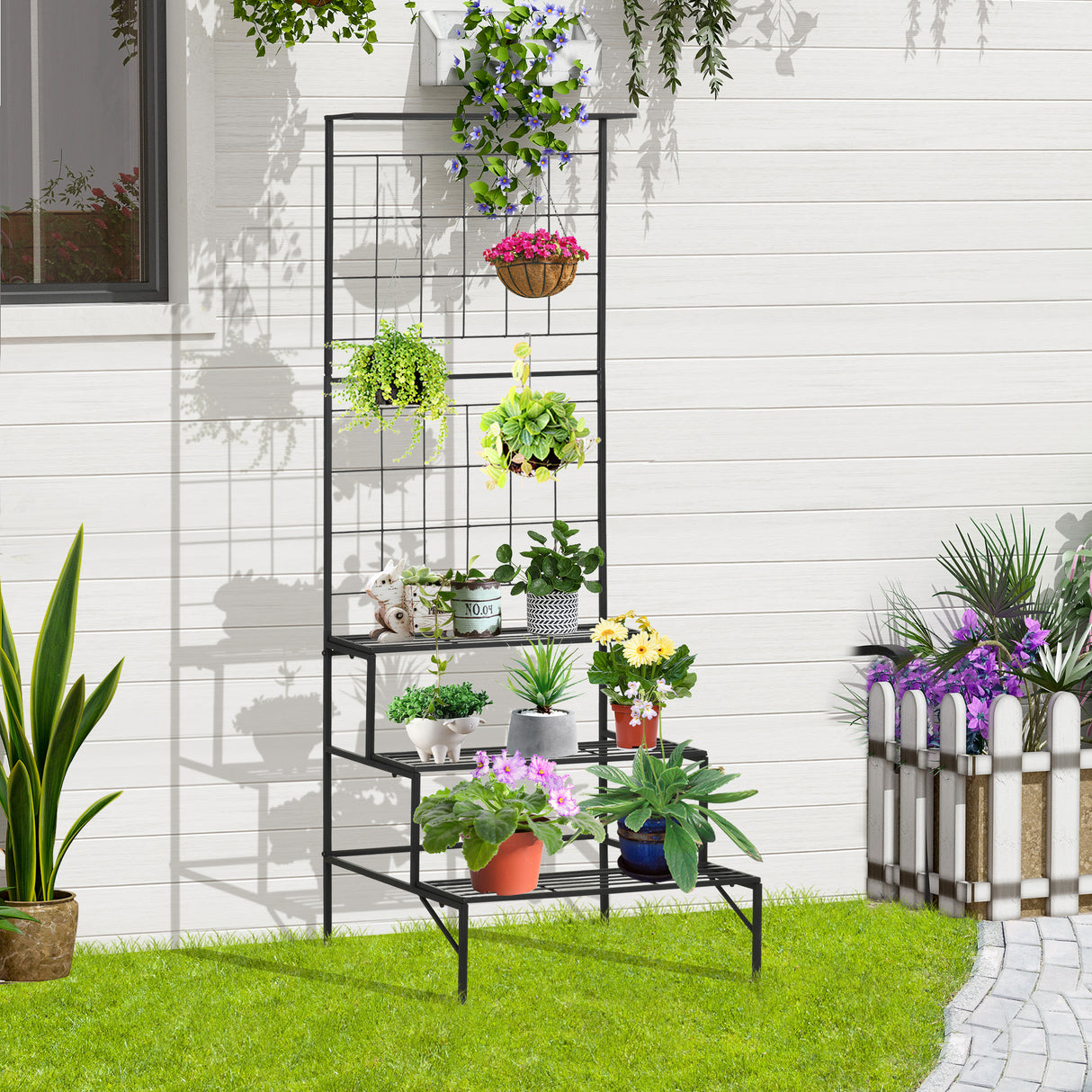 easycomfort easycomfort scaffale portapiante con 3 ripiani e pannello verticale per piante rampicanti in metallo nero
