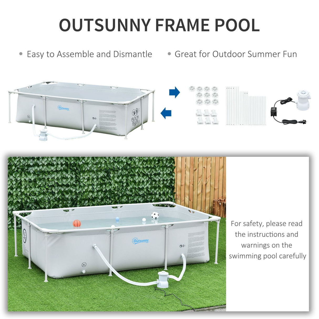 easycomfort piscina fuoriterra autoportante piscina rigida rettangolare con filtro e valvola in acciaio e pvc grigio 252x152x65cm