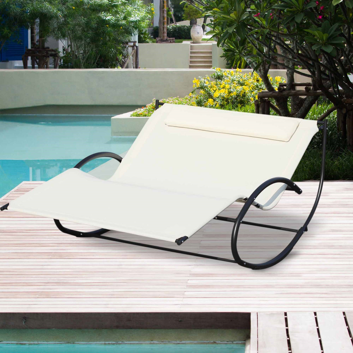 easycomfort lettino prendisole 2 posti sdraio da giardino a dondolo in metallo e textilene bianco crema