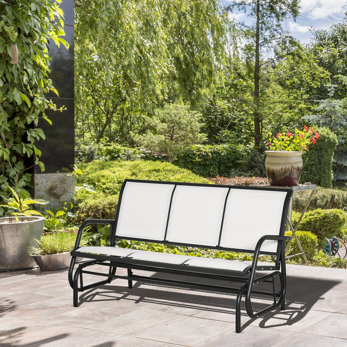 easycomfort panchina a dondolo da giardino a 3 posti in metallo e tessuto a rete traspirante 151x75x85cm beige