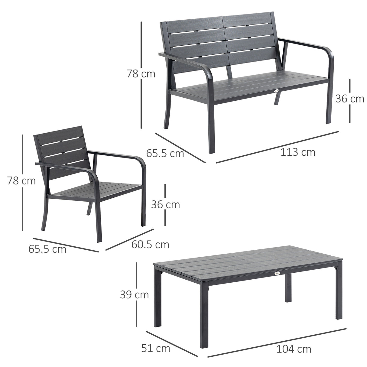 easycomfort set salotto da giardino da 4 pezzi con panchina a 2 posti 2 poltrone e tavolino caffe