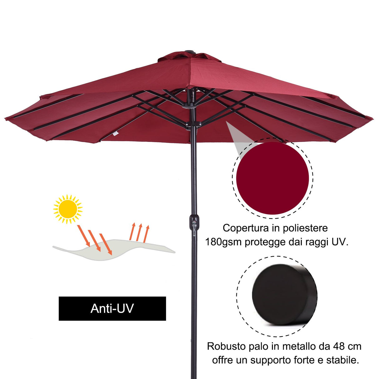 easycomfort easycomfort ombrellone da giardino 460x270x240cm doppio con apertura a manovella acciaio e poliestere rosso vino