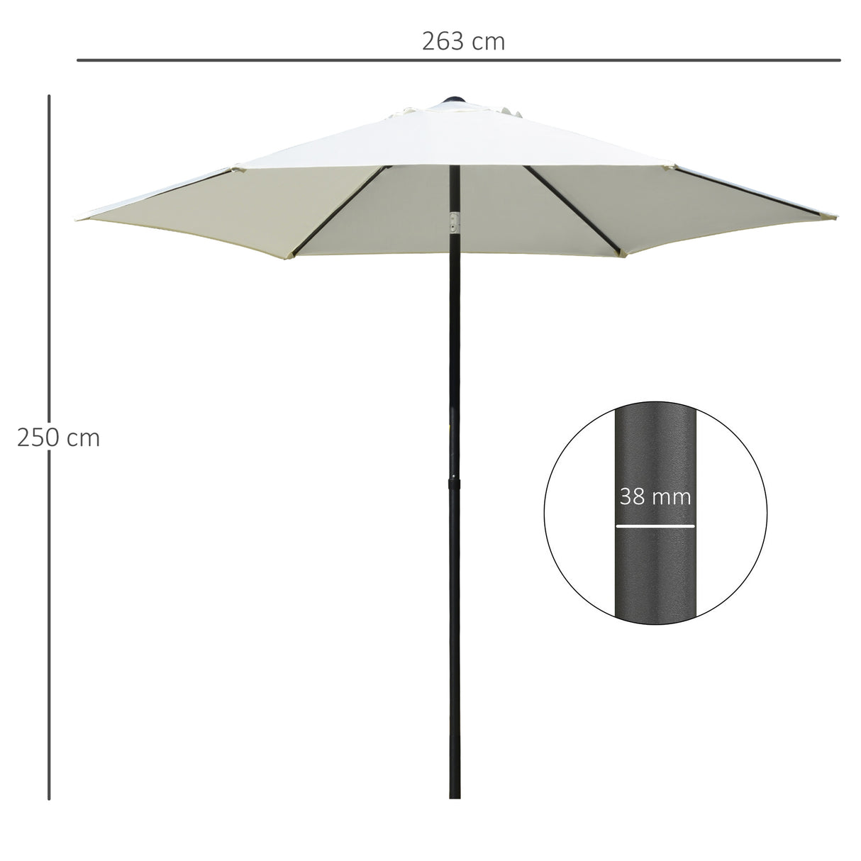 easycomfort ombrellone da giardino 2.6x2.5 m anti uv protezione 30+ con testa inclinabile palo in alluminio e 6 stecche bianco crema