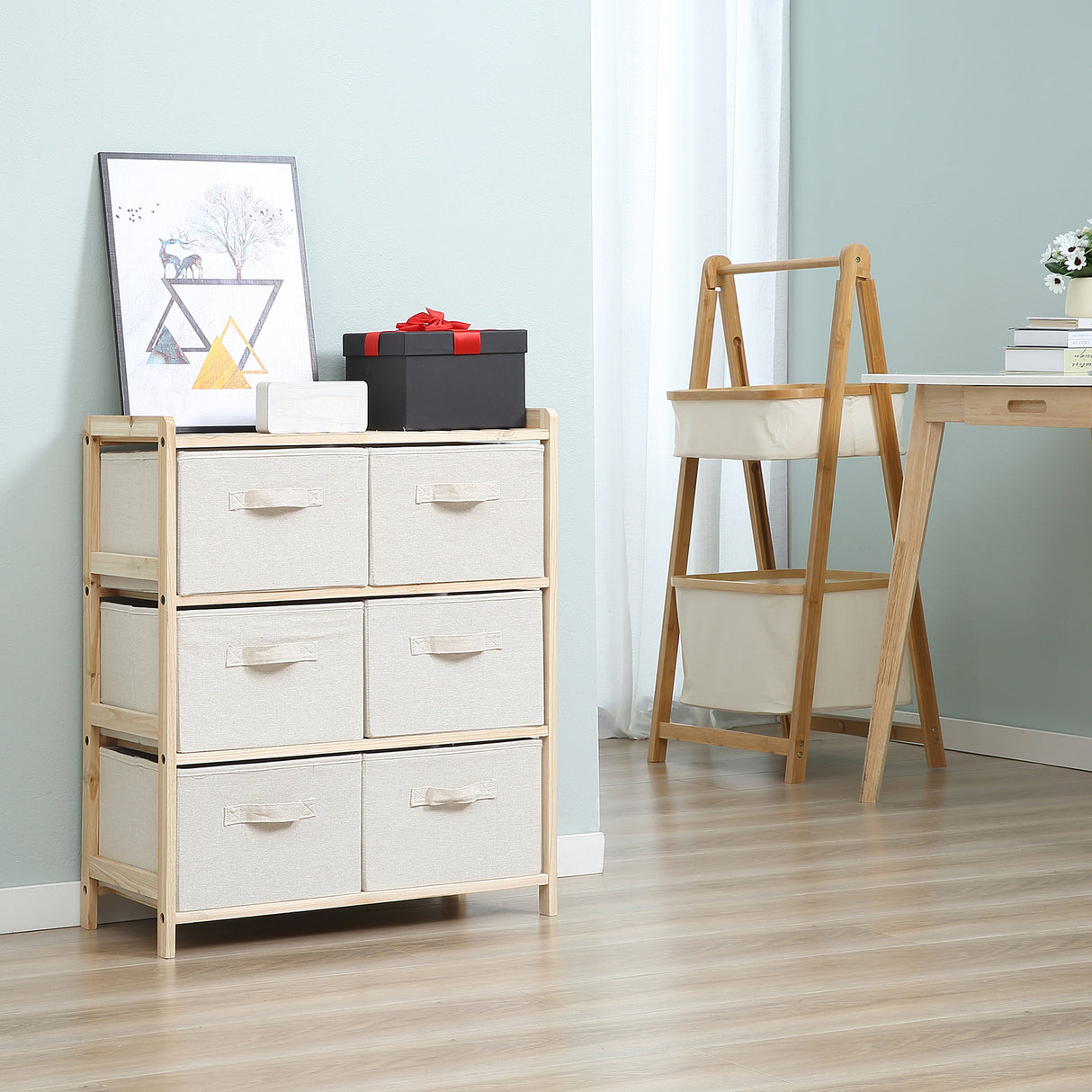 easycomfort easycomfort cassettiera con 6 cassetti in tessuto pieghevoli ed estraibili 59x28x70cm legnobeige