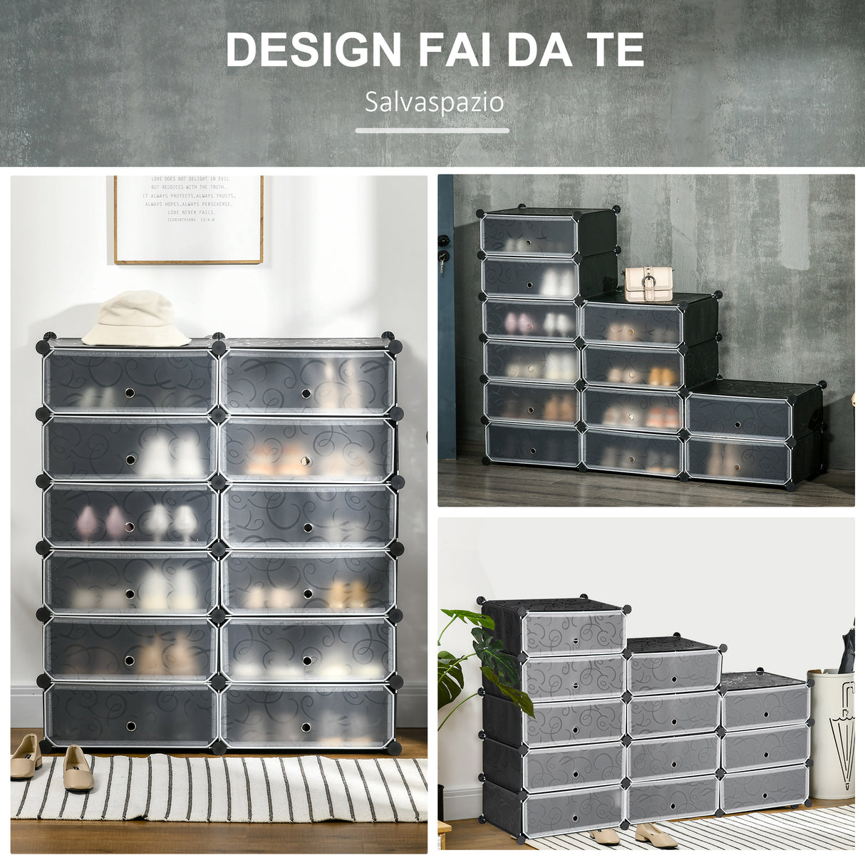 easycomfort easycomfort mobile scarpiera modulare salvaspazio 12 cubi 45x35x16 cm in acciaio e pp nero e bianco