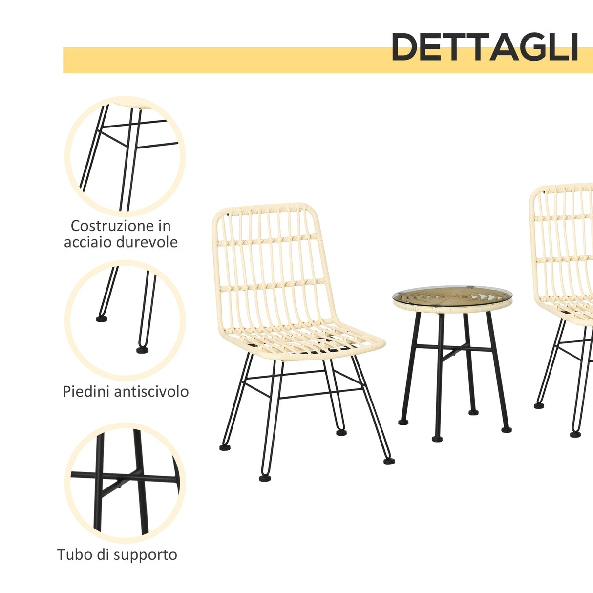 easycomfort set mobili da giardino 3 pezzi con tavolino e sedie in rattan pe poilestere e acciaio per esterni crema