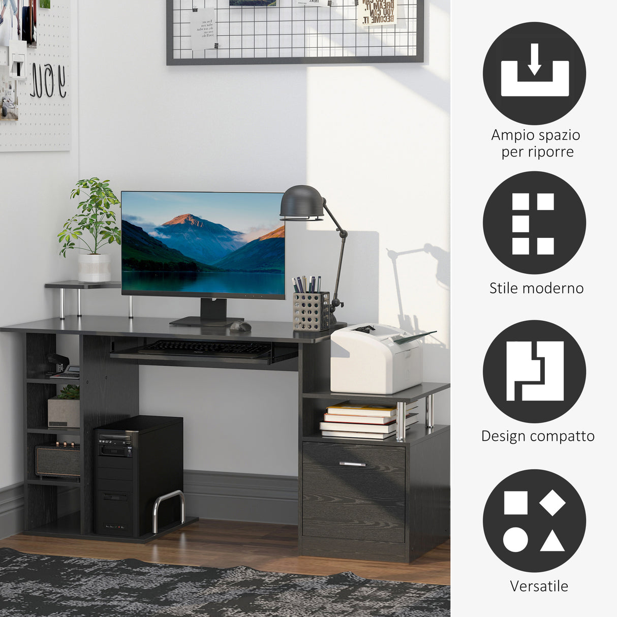 easycomfort easycomfort scrivania per computer moderna con cassetti ripiani e tastiera estraibile scrivania da ufficio per casa in legno nero 152x60x88cm ean 8054144130231