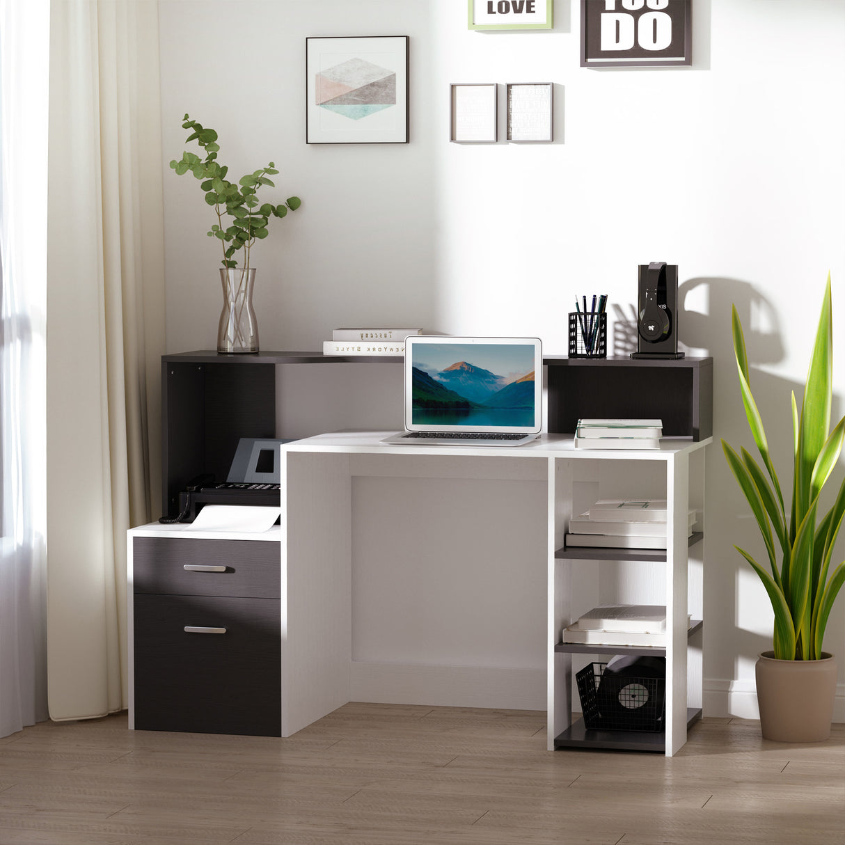 easycomfort easycomfort scrivania per ufficio con ripiano stampante 2 cassetti e 3 mensole in mdf bianco e nero 137 x 55 x 92cm ean 8054111847940