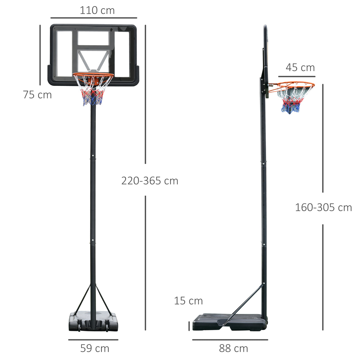 easycomfort easycomfort canestro basket altezza regolabile 160 305cm base con ruote e struttura in acciaio tabellone in pvc trasparente