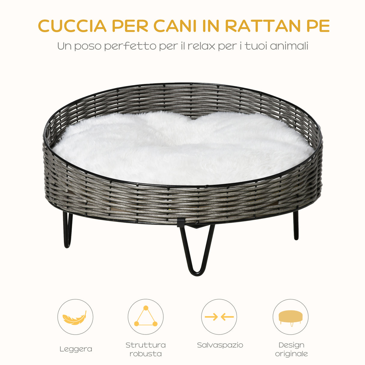 easycomfort easycomfort cuccia per cani e gatti in rattan pe con cuscino in peluche lavabile 60x32cm grigio scuro