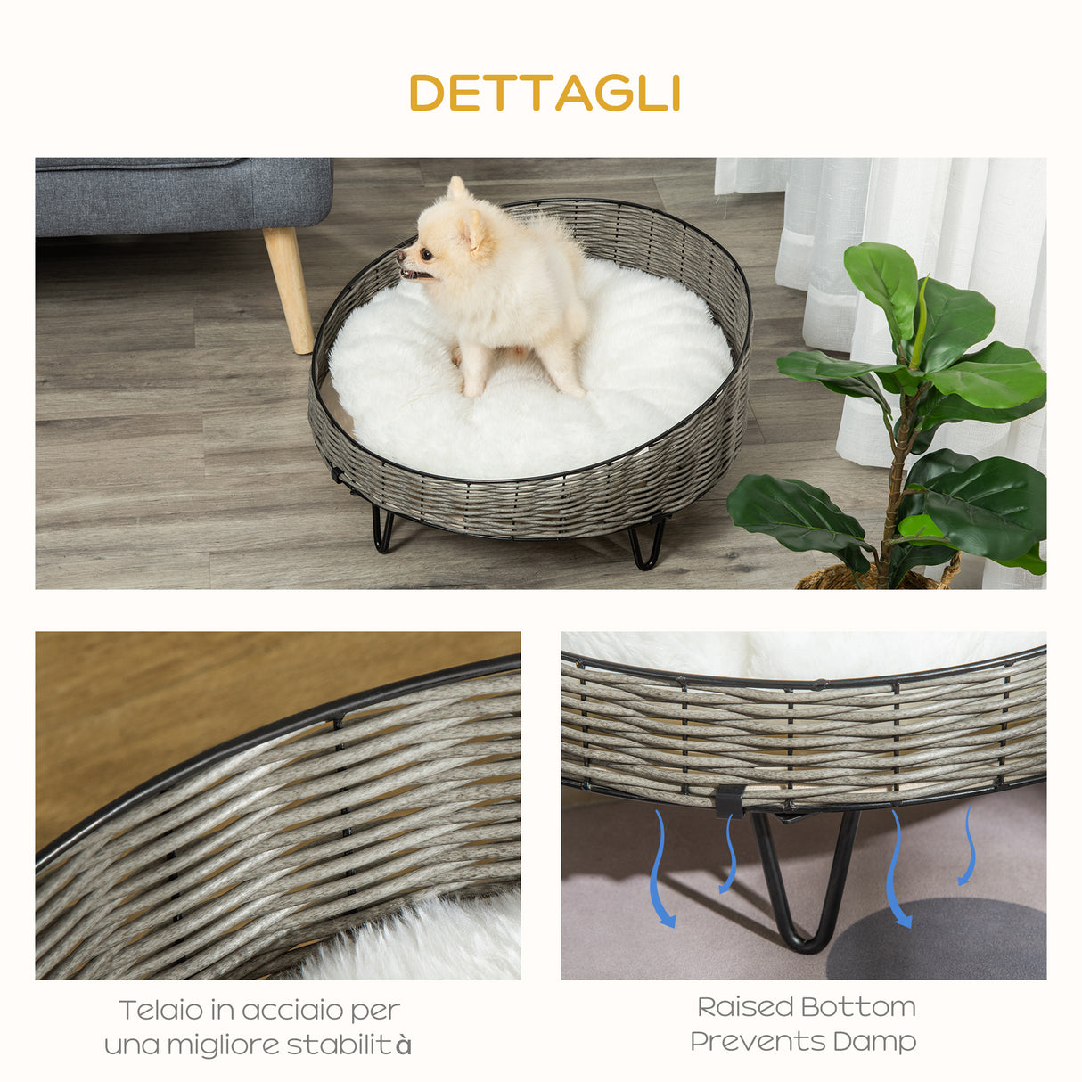 easycomfort easycomfort cuccia per cani e gatti in rattan pe con cuscino in peluche lavabile 60x32cm grigio scuro