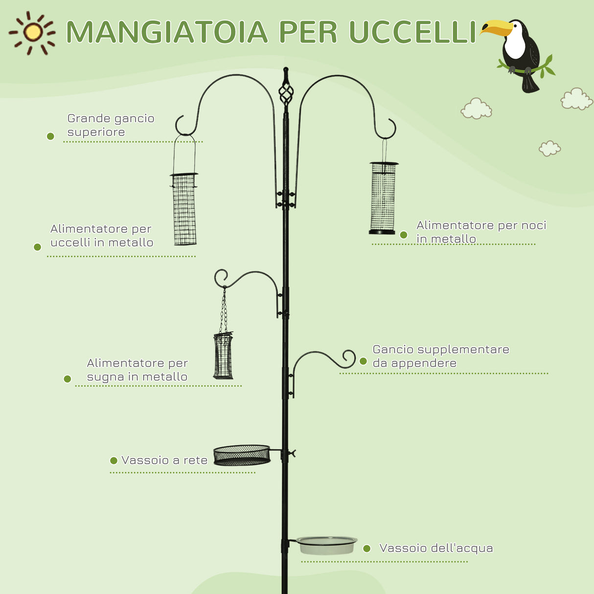 easycomfort easycomfort mangiatoia per uccelli a 4 ganci con vassoi e 3 alimentatori diversi in acciaio 54 5x54 5x208cm nera