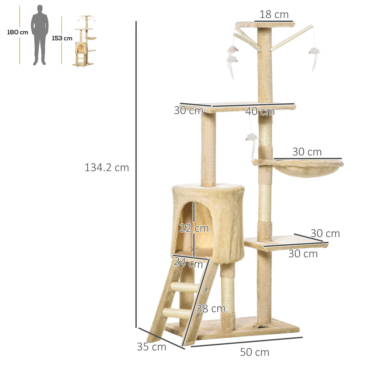 easycomfort easycomfort albero tiragraffi con cuccia per gatti in legno sisal naturale beige 40x30x131cm