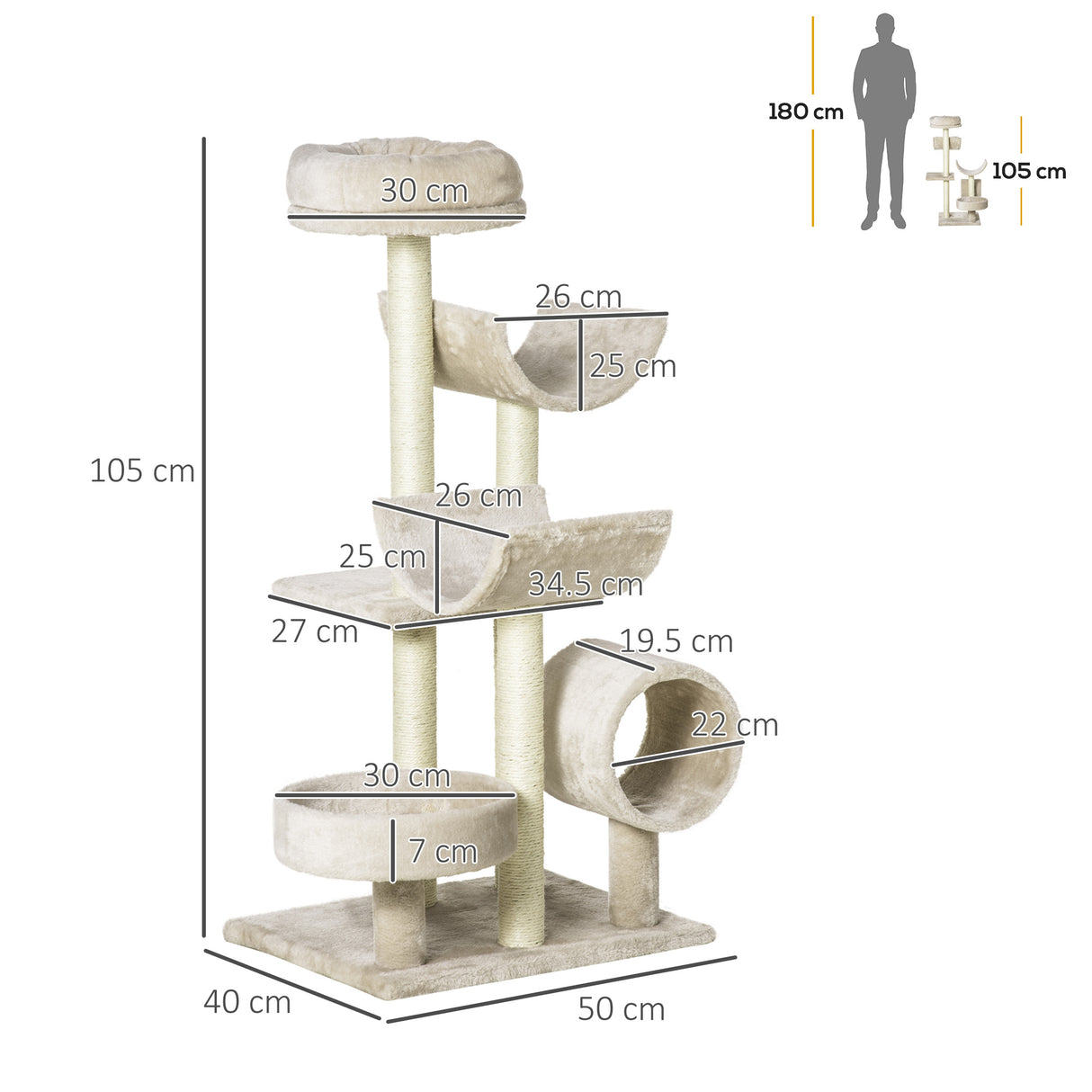 easycomfort easycomfort albero per gatti con cucce e tunnel multi livello beige 50x40x105 cm