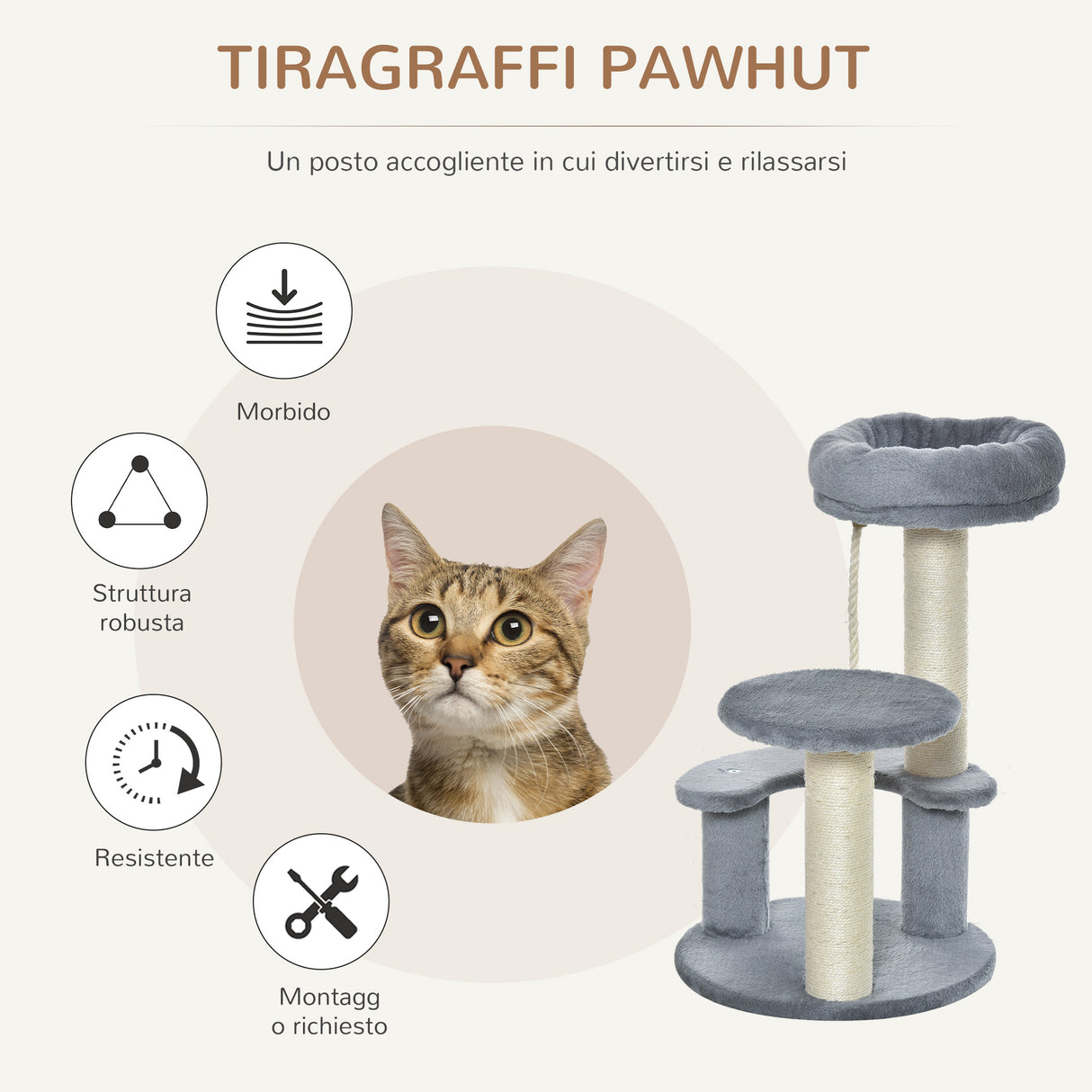easycomfort easycomfort albero per gatti a 3 livelli in peluche sisal naturale grigio 40x65cm
