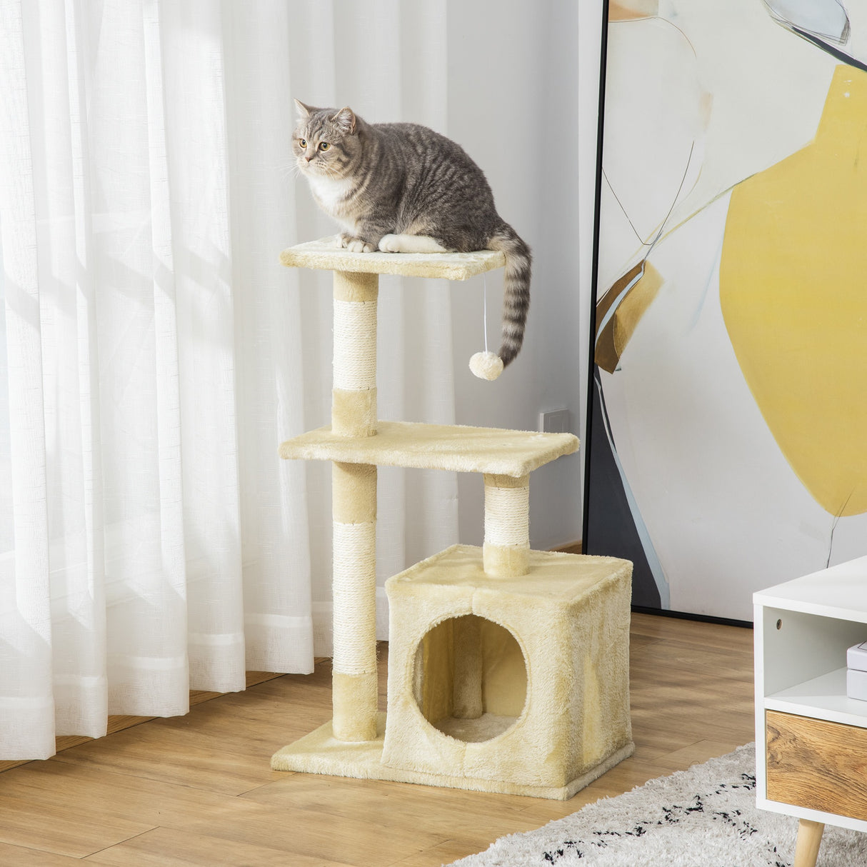 easycomfort easycomfort tiragraffi per gatti con cuccia pallina e pali in corda sisal beige