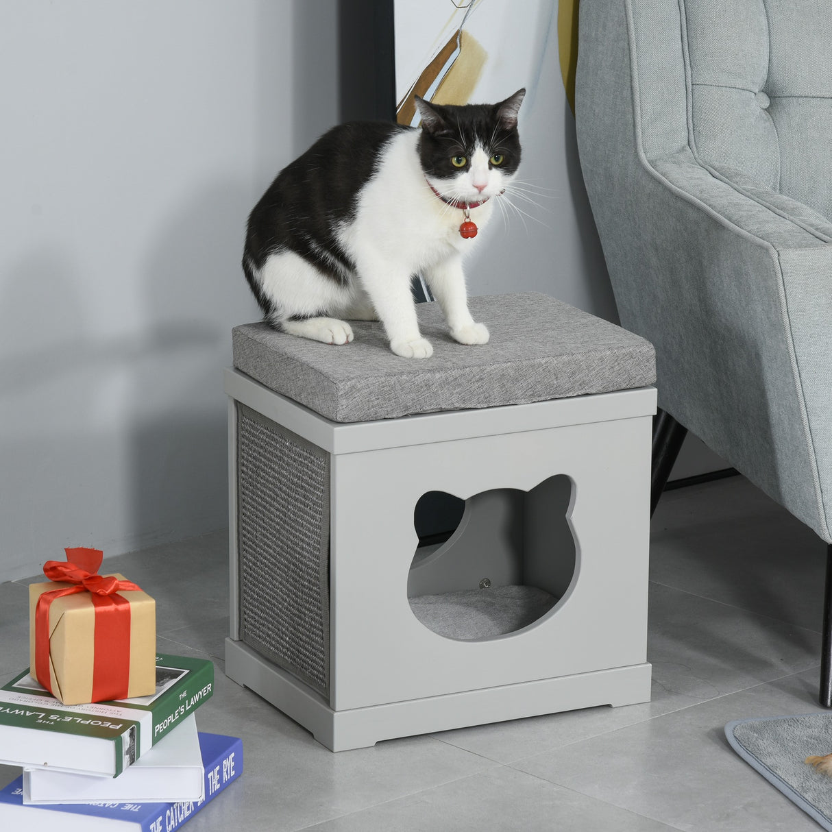 easycomfort easycomfort cuccia per gatti in legno con 2 cuscini e tiragraffi rimovibili grigio