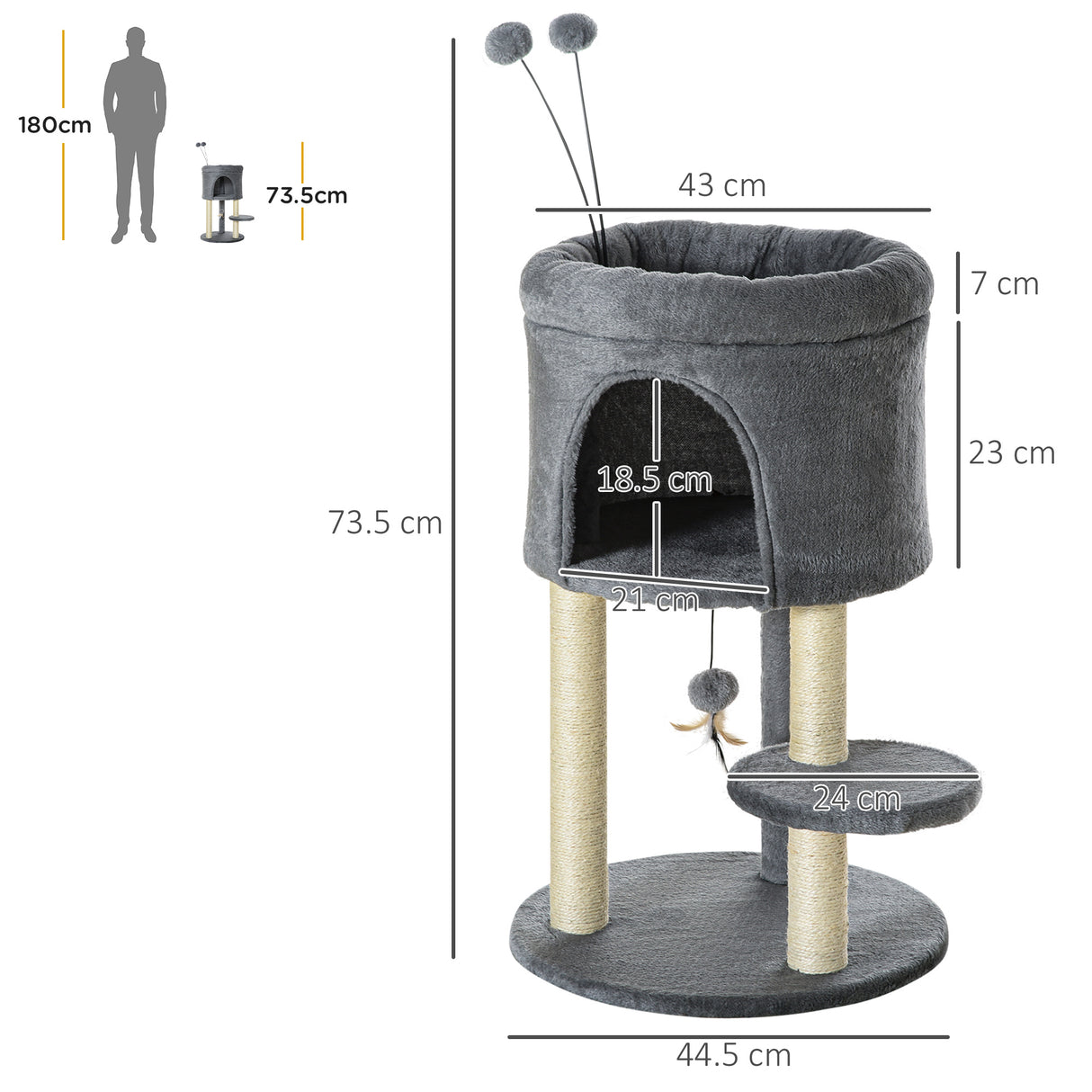 easycomfort albero tiragraffi per gatti con casetta e lettino pali in sisal e palline 44.5x44.5x73.5cm grigio