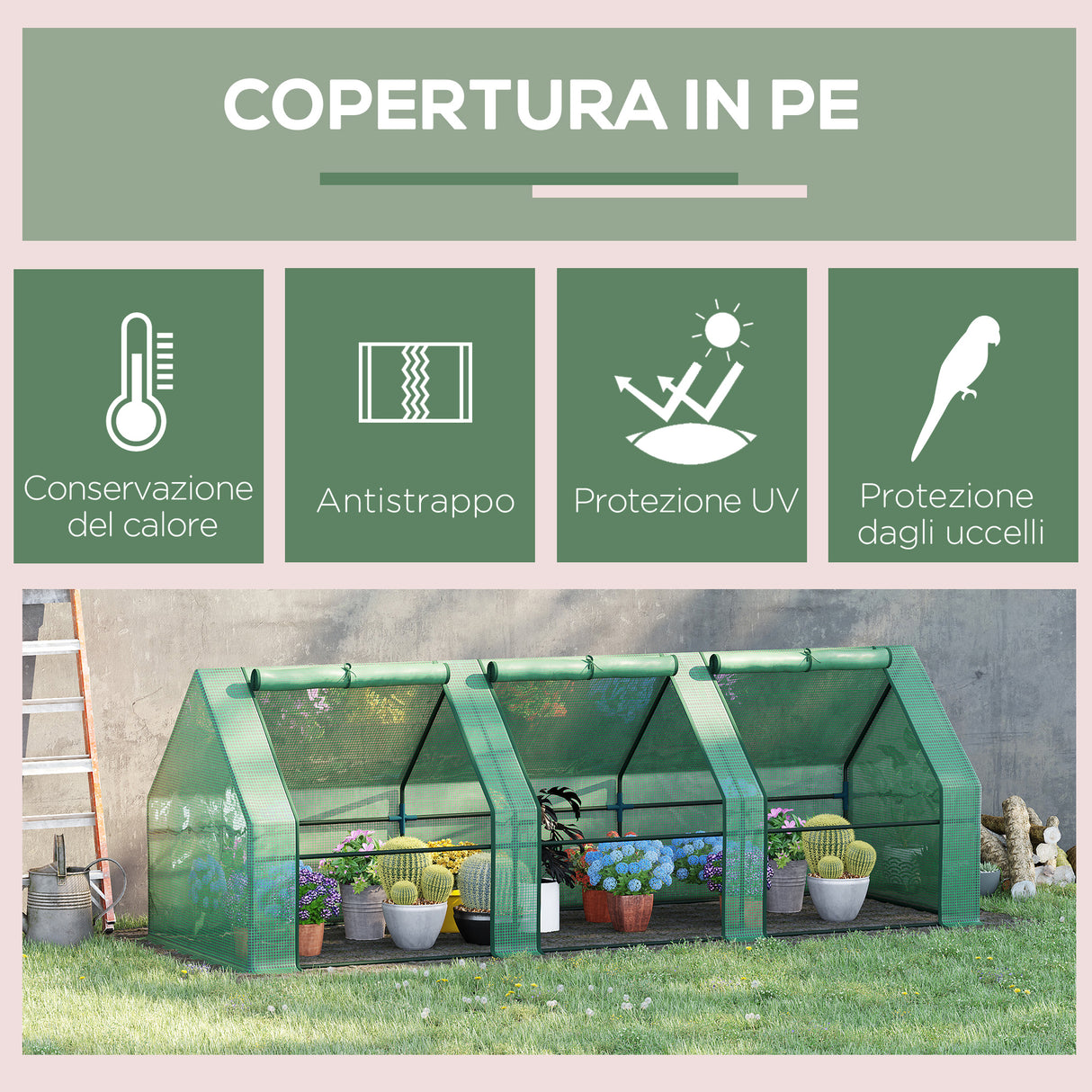 easycomfort easycomfort serra da giardino per piante con telo in pe telaio in acciaio 270x90x90cm verde