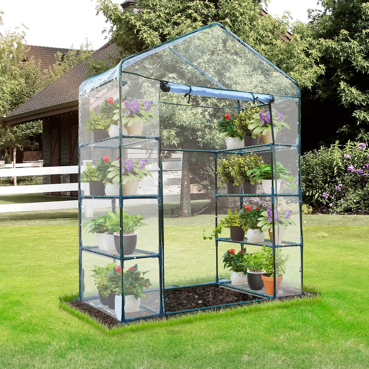 easycomfort easycomfort serra da giardino in acciaio e pvc trasparente con porta avvolgibile 143x73x195 cm verde
