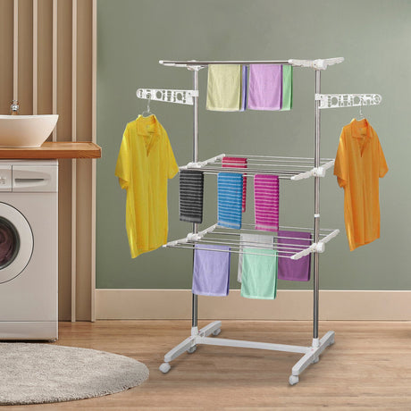 easycomfort easycomfort stendino verticale pieghevole in acciaio e plastica con 6 ruote e 3 ripiani regolabili 142x55x172 cm ean 8054144131443