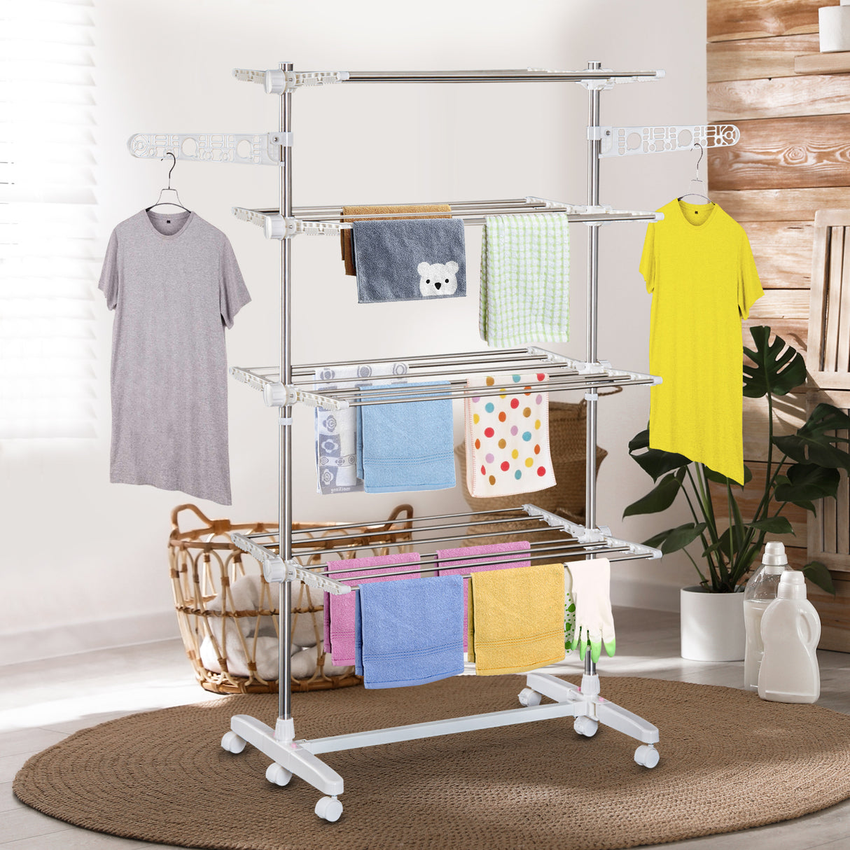 easycomfort easycomfort stendino verticale pieghevole in acciaio e plastica con 6 ruote e 4 ripiani regolabili 142x55x172 cm ean 8054144135915