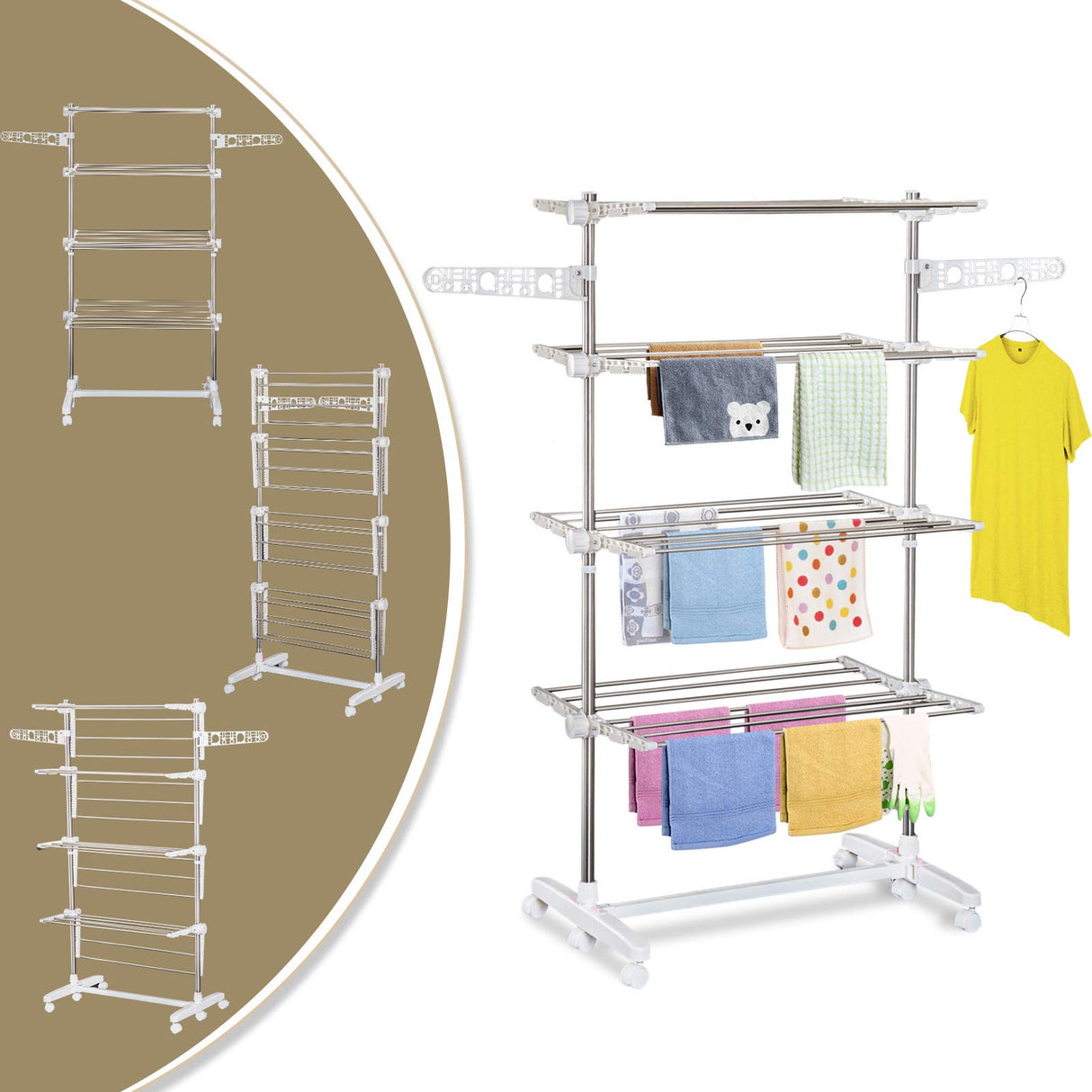 easycomfort easycomfort stendino verticale pieghevole in acciaio e plastica con 6 ruote e 4 ripiani regolabili 142x55x172 cm ean 8054144135915